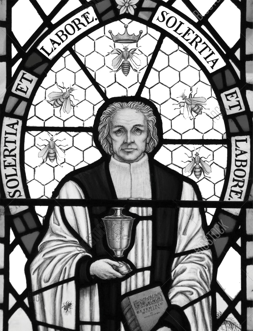 Stained glass window showing Charles Butler holding a chalice and a book, surrounded by bees, with the Latin words Solertia et Labore