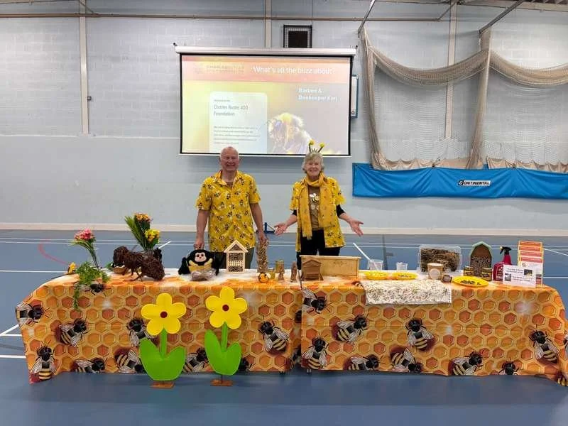 Barbee and Beekeeper Ken at the What's all the Buzz about? stall, Prince's Mead School