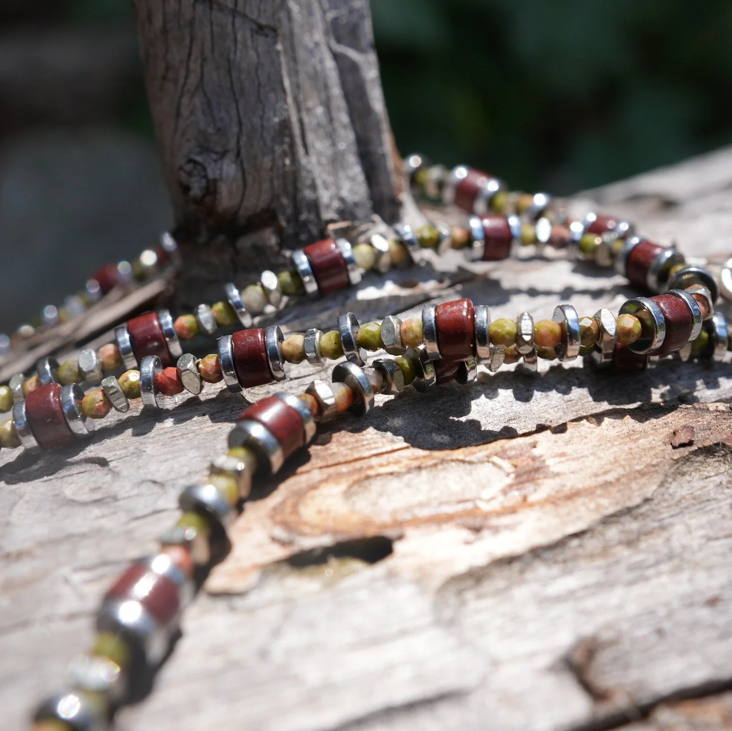 The earth keeps teaching me how to soften.
hand-strung red jasper, aventurine, pyrite; sterling clasp 🌀
shop via link in bio or DM