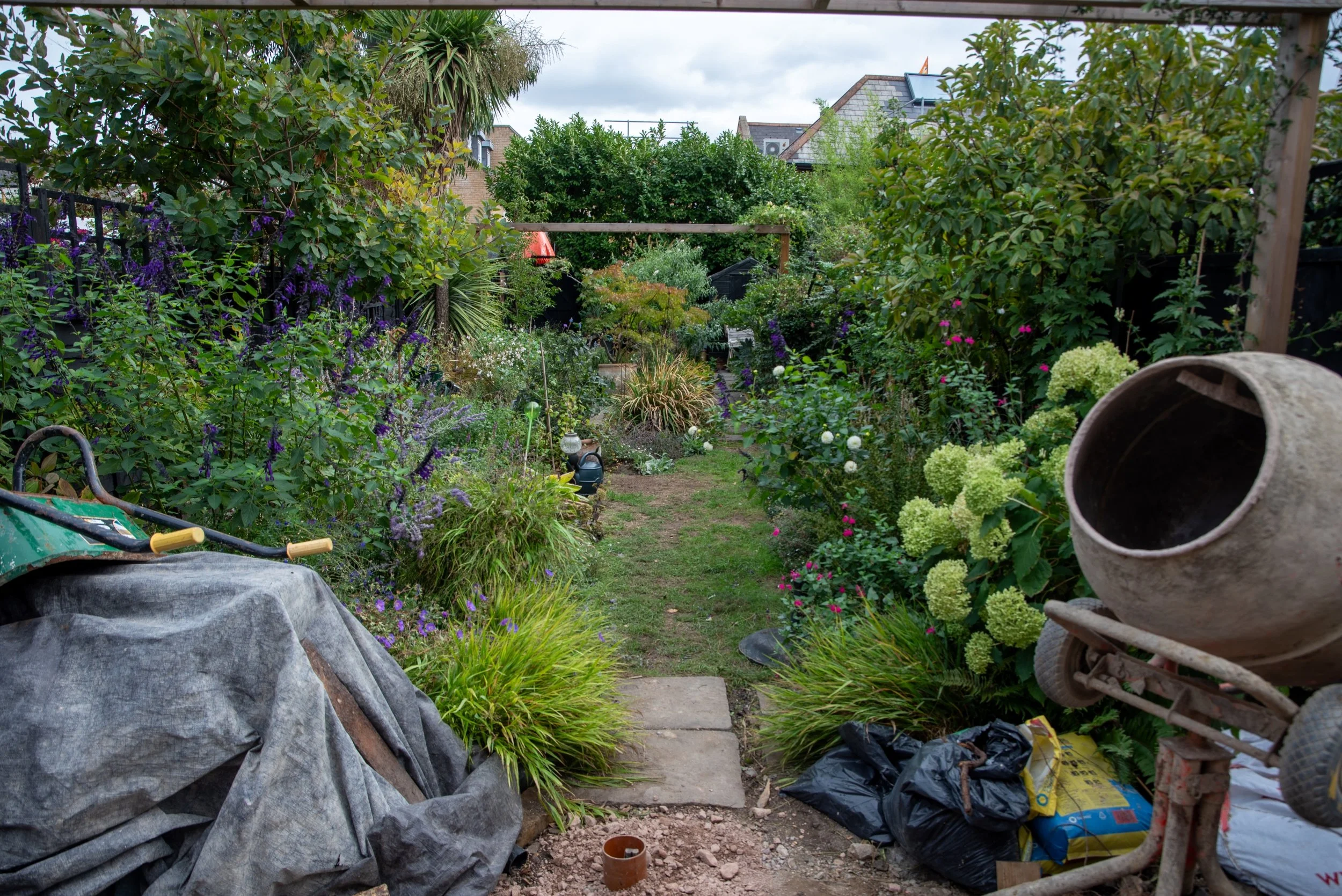 Wimbledon back garden before landscaping, with overgrown planting, a worn grass path and old paving slabs