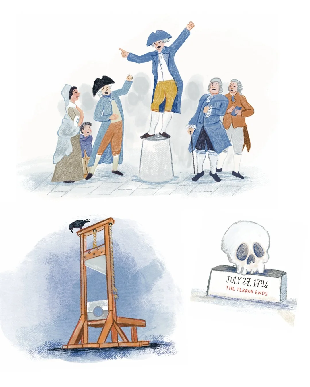 Illustration of a historical scene with people in 18th-century attire, a guillotine, a skull, and the date July 27, 1794, with the phrase 'The Terror Ends'.