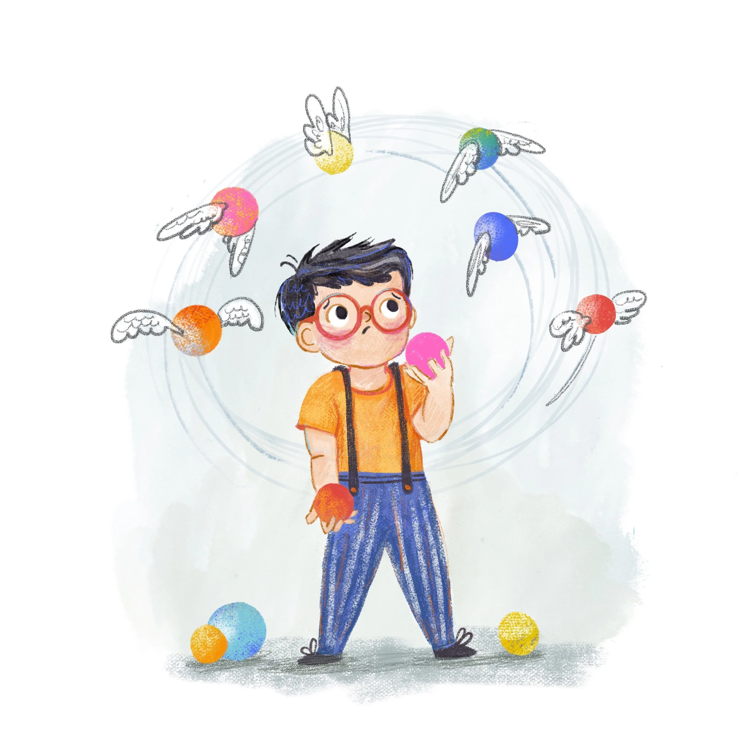 A young boy with glasses, wearing orange shirt and striped blue pants, standing and holding a colorful ball. Surrounding him are floating balls with cartoon wings and trails, creating a dreamy or playful atmosphere.