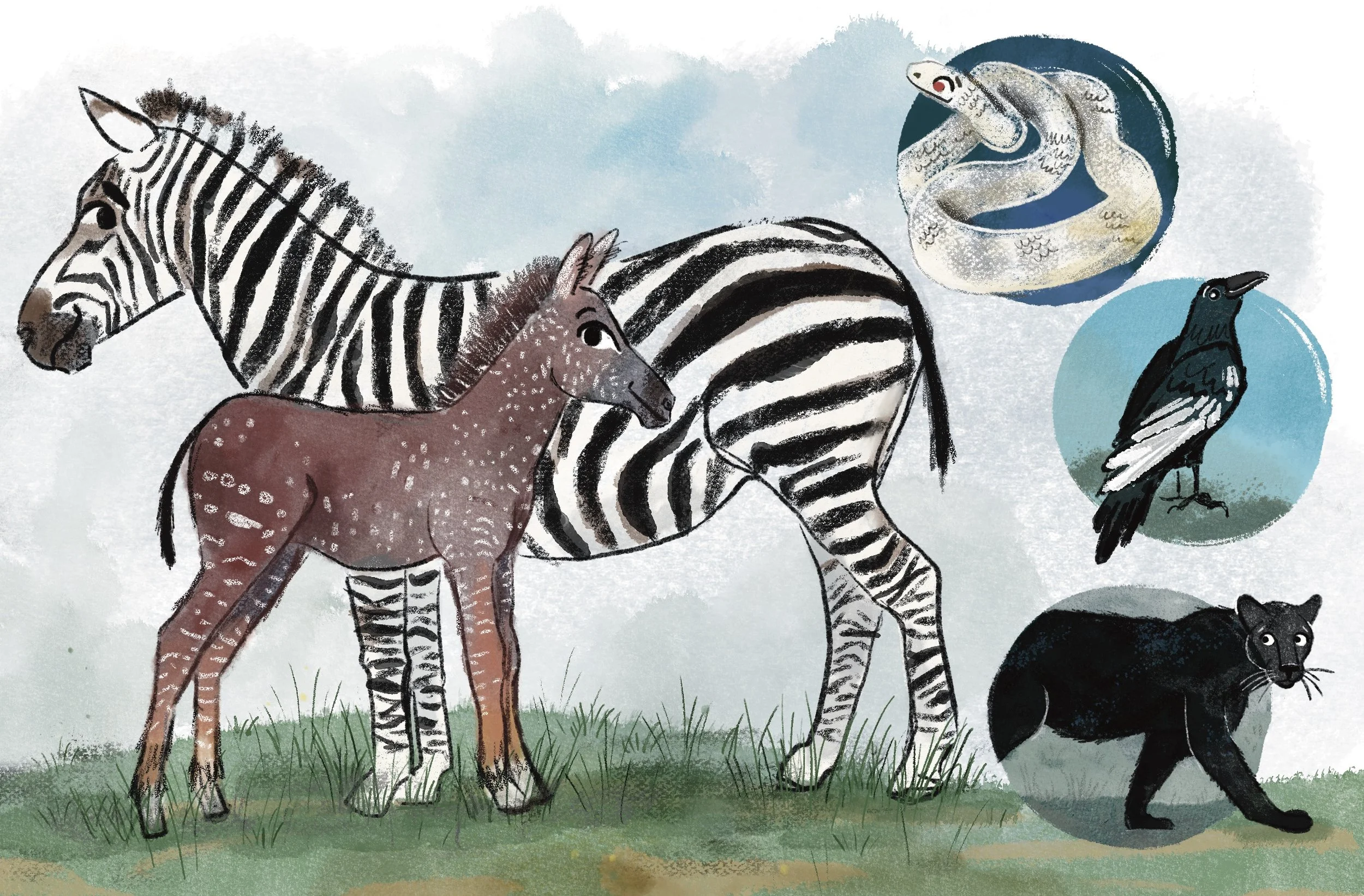 Illustration of various animals, including a zebra, a young deer or antelope, a snake, a black bird, and a black panther, set on green grass with a cloudy sky background.