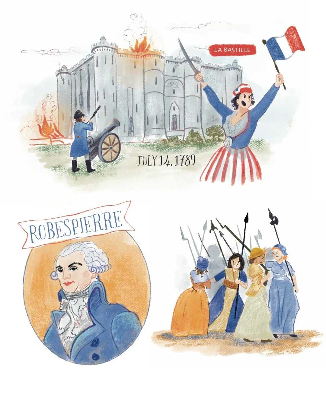 Historical illustration of the French Revolution, depicting the storming of the Bastille on July 14, 1789, with soldiers and protesters, a portrait of Robespierre, and a group of women protesters with spears.