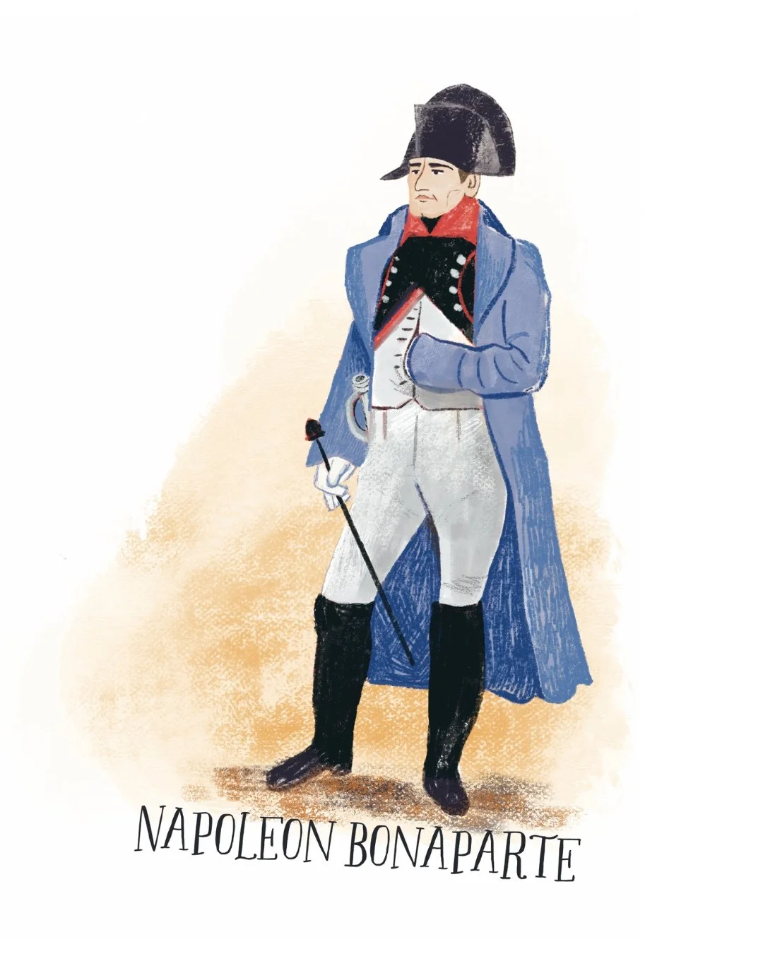 Illustration of Napoleon Bonaparte dressed in historical military attire, holding a walking cane, with his hand inside his coat, wearing a bicorne hat, and standing on a sandy surface. Text below reads "NAPOLEON BONAPARTE."