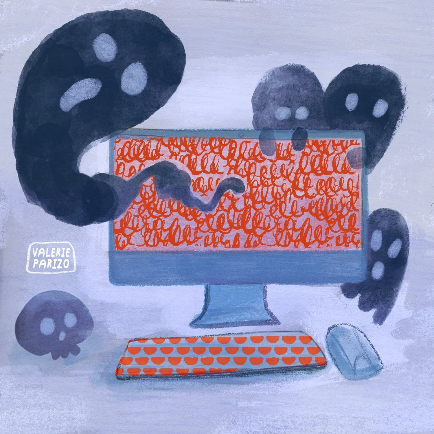 Illustration of a computer monitor with orange scribbles on the screen, surrounded by black and gray ghost-like figures with hollow eyes and mouths, a gray skull, a computer mouse, and a keyboard, all set on a light background.