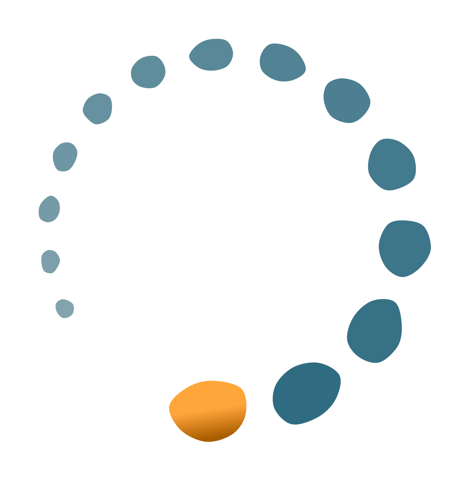 Illustration of a science model with a central orange nucleus connected to multiple blue oval shapes representing electrons orbiting around the nucleus in a circular path.