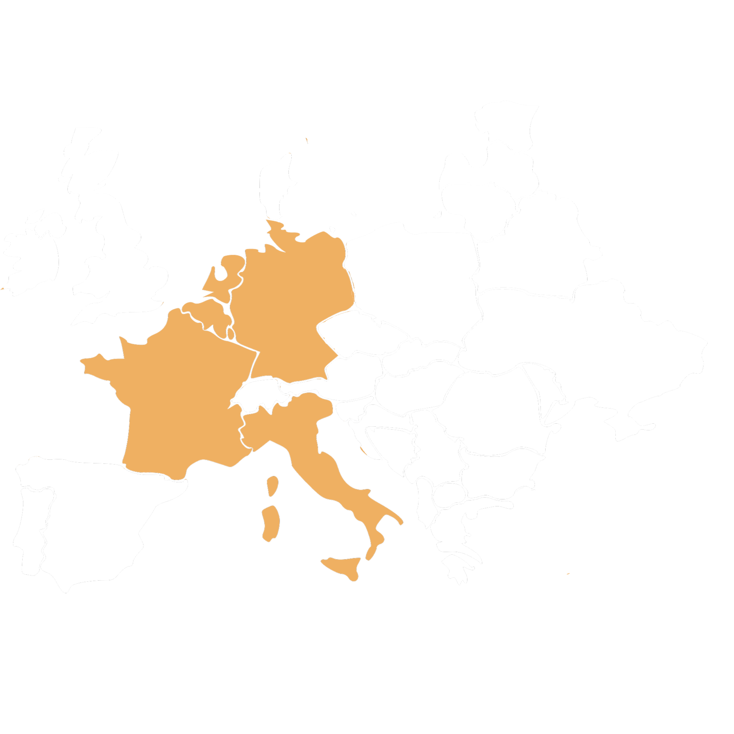 Map of Europe with select countries shaded in orange, including the United Kingdom, France, Germany, Italy, and Spain.