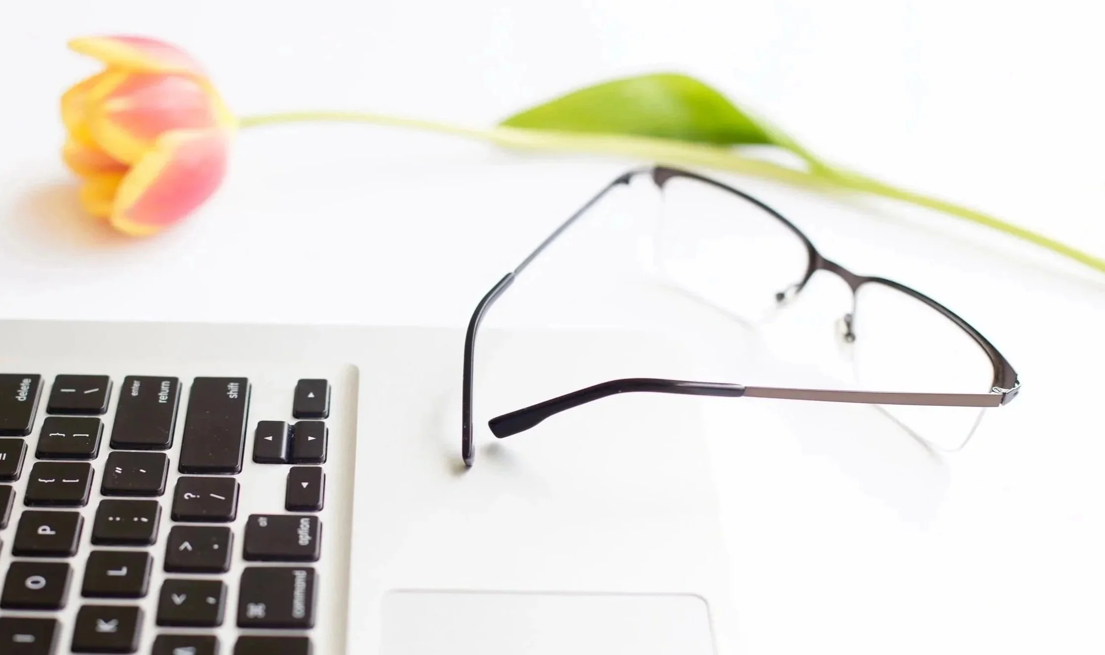 Laptop and reading glasses on a desk with a flower, representing thoughtful learning and understanding social ideas.