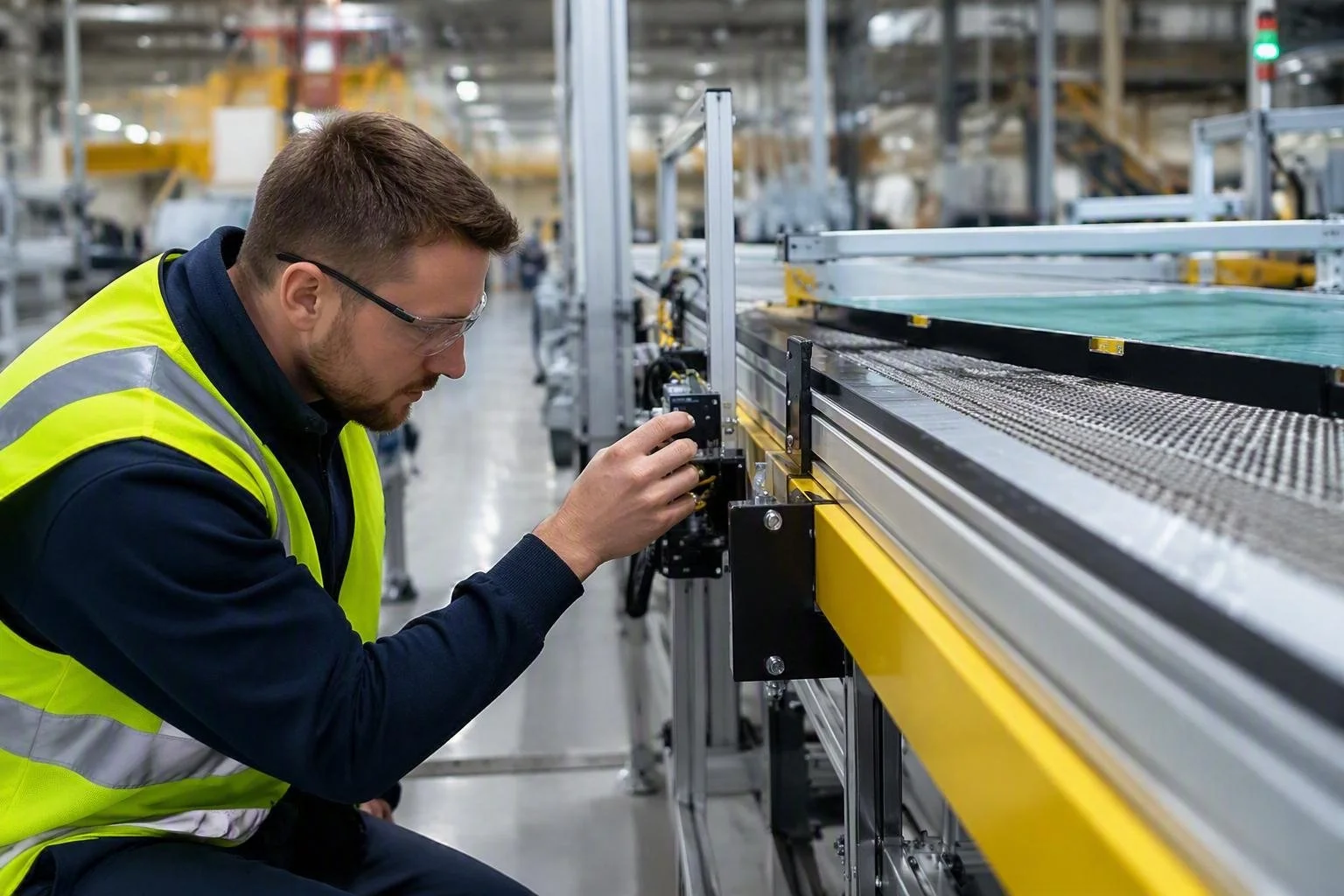 A worker inspecting machinery in a factory or warehouse setting, wearing safety glasses and a yellow safety vest.