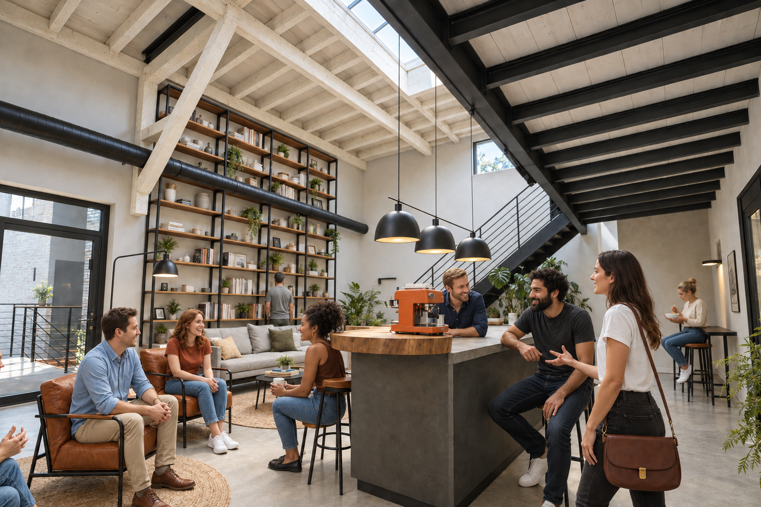 Visualisierung: offene Küche mit Kaffeebar und Bibliothekswand