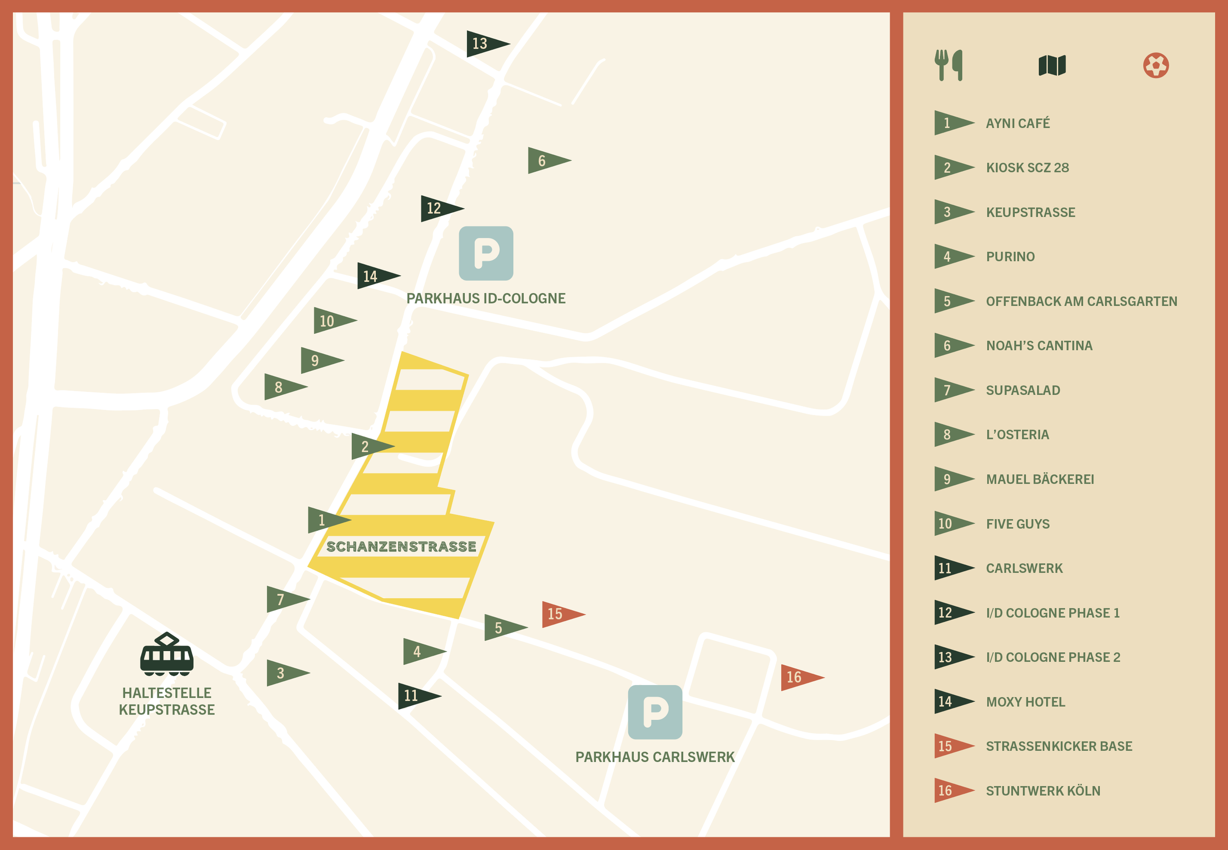 Karte der Umgebung mit Cafés, Restaurants und Parkplätzen