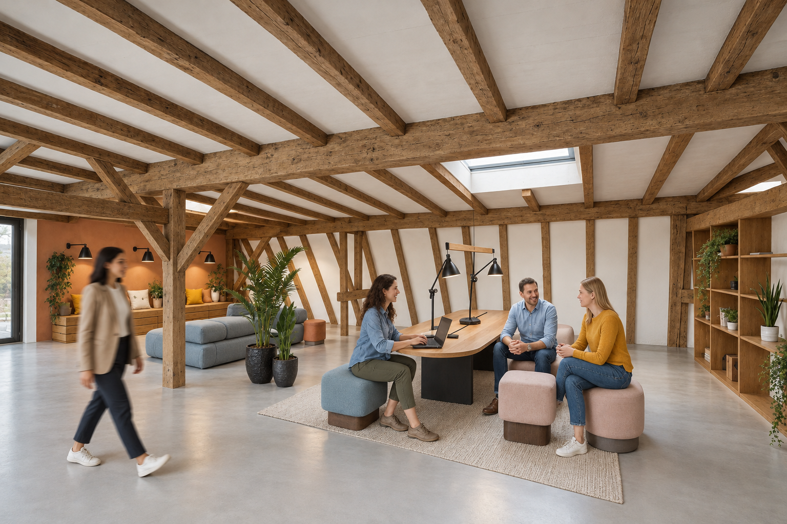 Visualisierung: Dachgeschoss mit Holzbalken, Lounge und Besprechungstisch