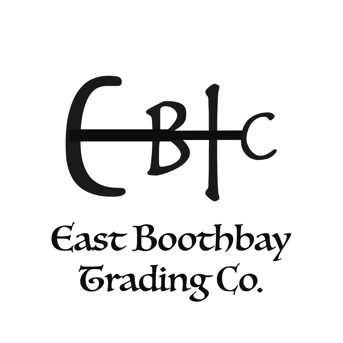 Logo shaped like a boat anchor, with the text 'East Boothbay Trading Co.'