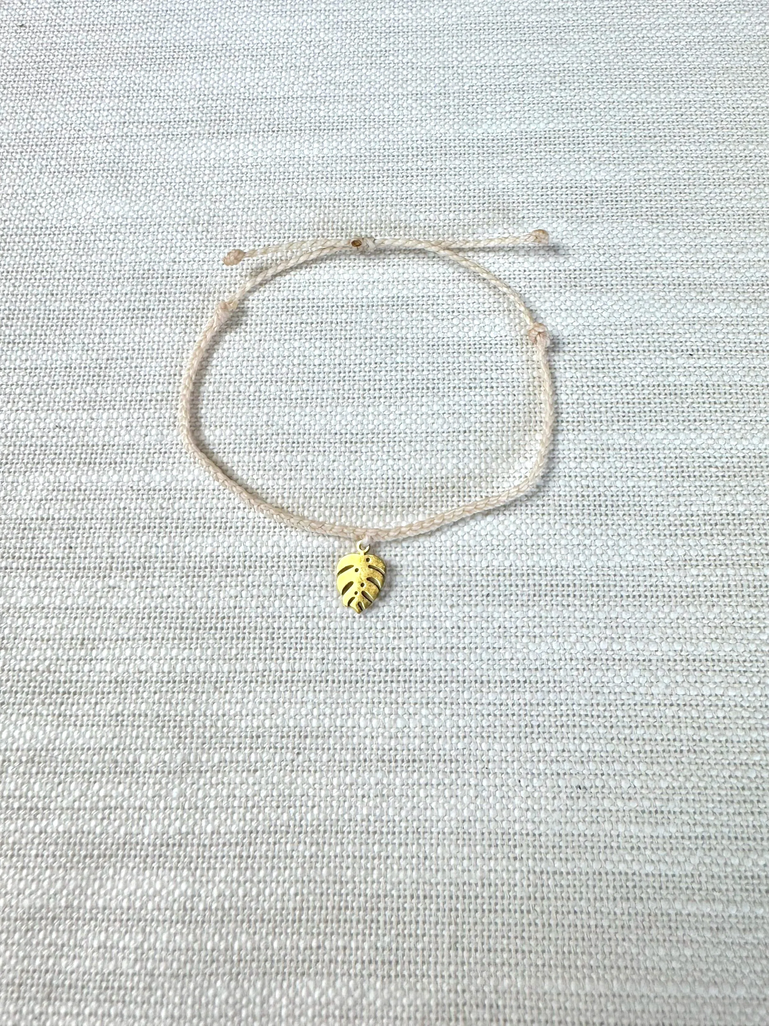 Cream, Gold Monstera Leaf Charm Bracelet