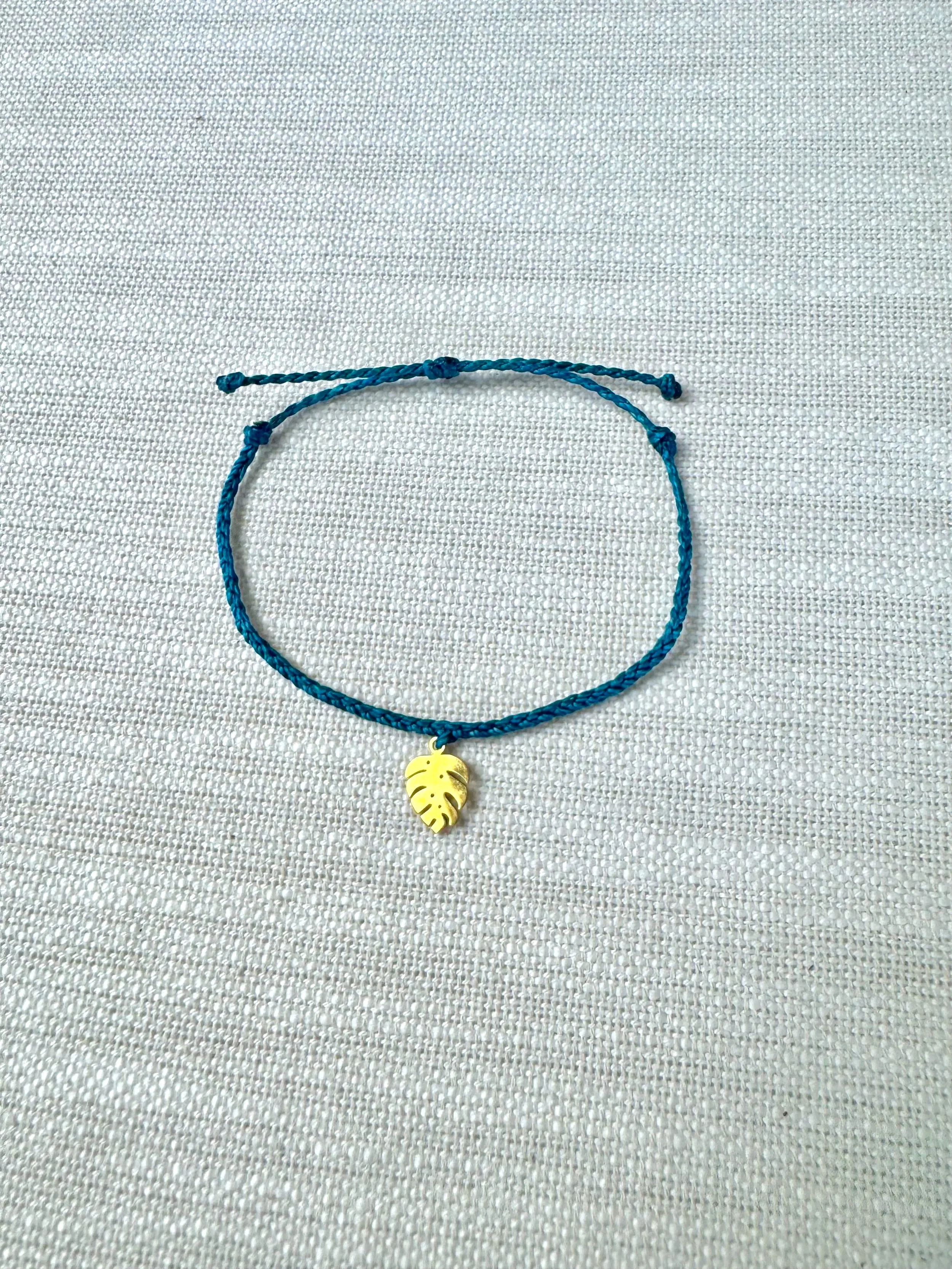 Navy Blue, Gold Monstera Leaf Charm Beacelet