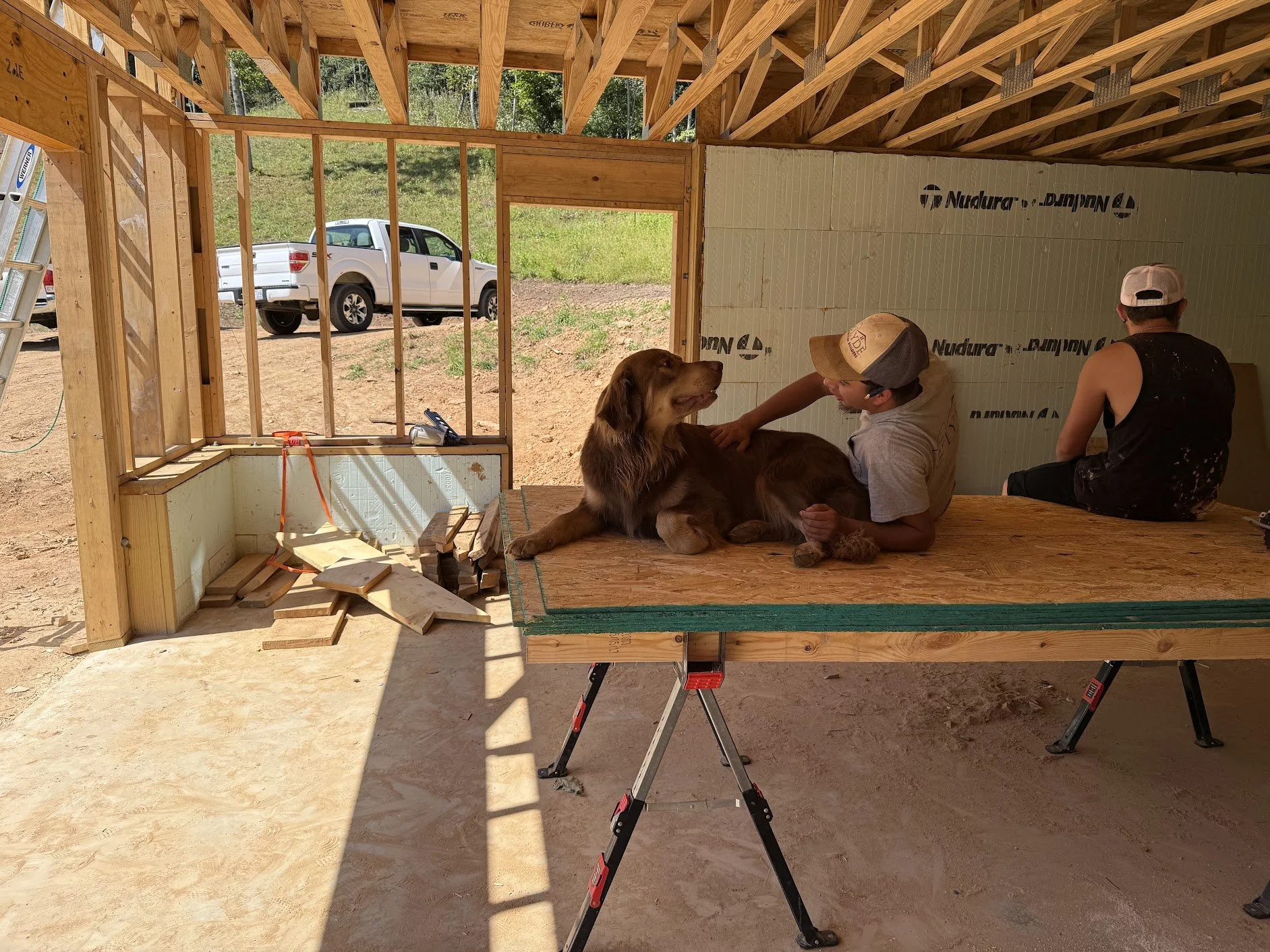 Two young men are working on a construction project inside a partially built house, with one lying on a wooden platform and petting a large brown dog, while the other sits nearby. Outside, a white pickup truck is parked on a dirt lot.