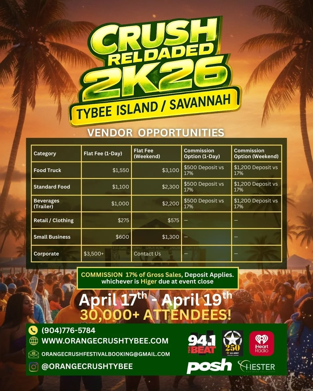 Event poster for an orange crush festival on Tybee Island, Savannah, with vendor opportunities, ticket prices, and contact information, featuring a sunset background with palm trees and a crowd.