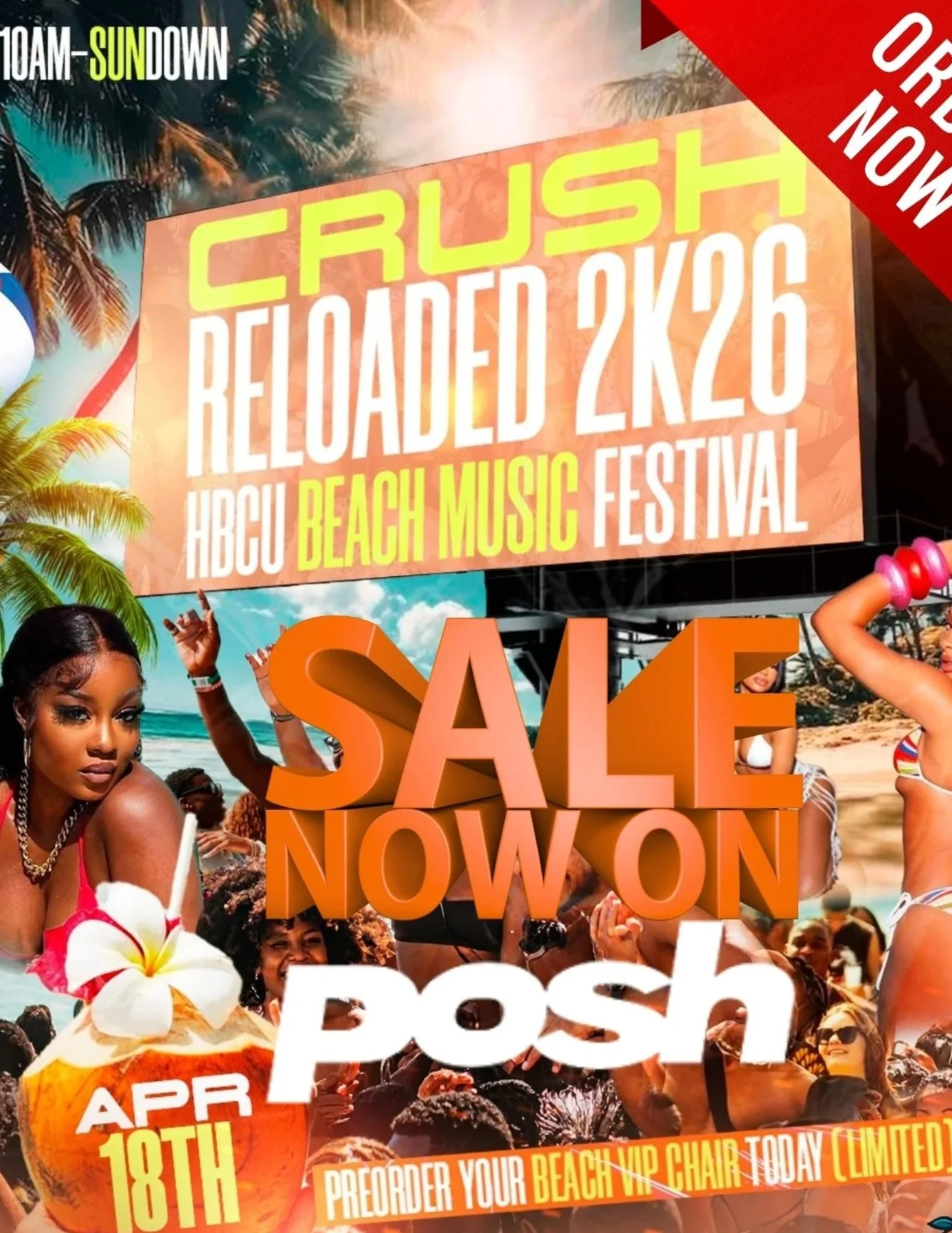 Promotional poster for the Crush Reloaded beach music festival at Tybee Island, Georgia, scheduled for April 18th. The poster features tropical beach imagery, crowd of party-goers, and images of women in swimsuits. It promotes an early sale for ticke