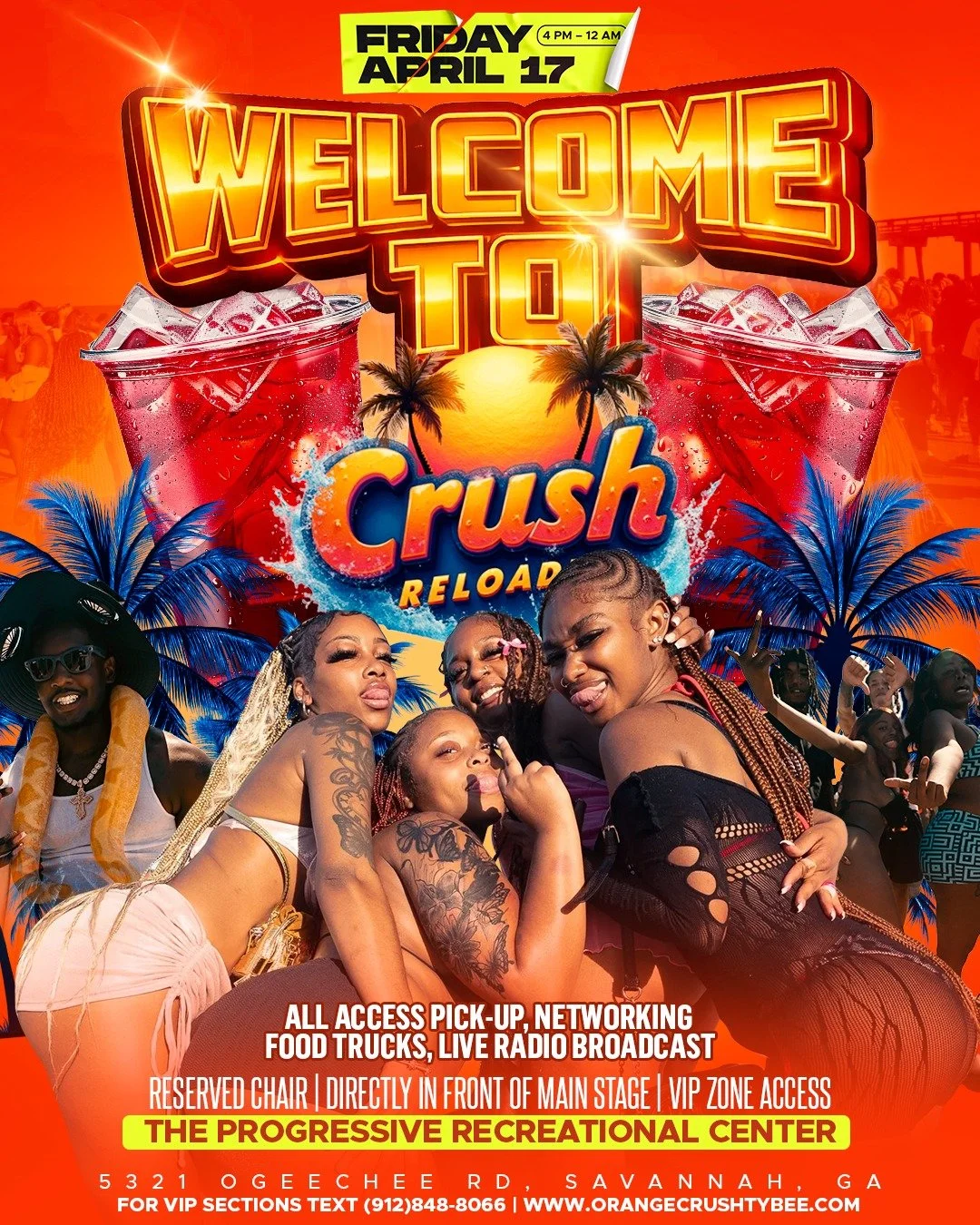 A promotional poster for an event called 'Crush Reload' at the Progressive Recreational Center on April 17 from 4 PM to 12 AM. The poster features a tropical theme with palm trees, large red drinks with ice, and a group of young people enjoying thems