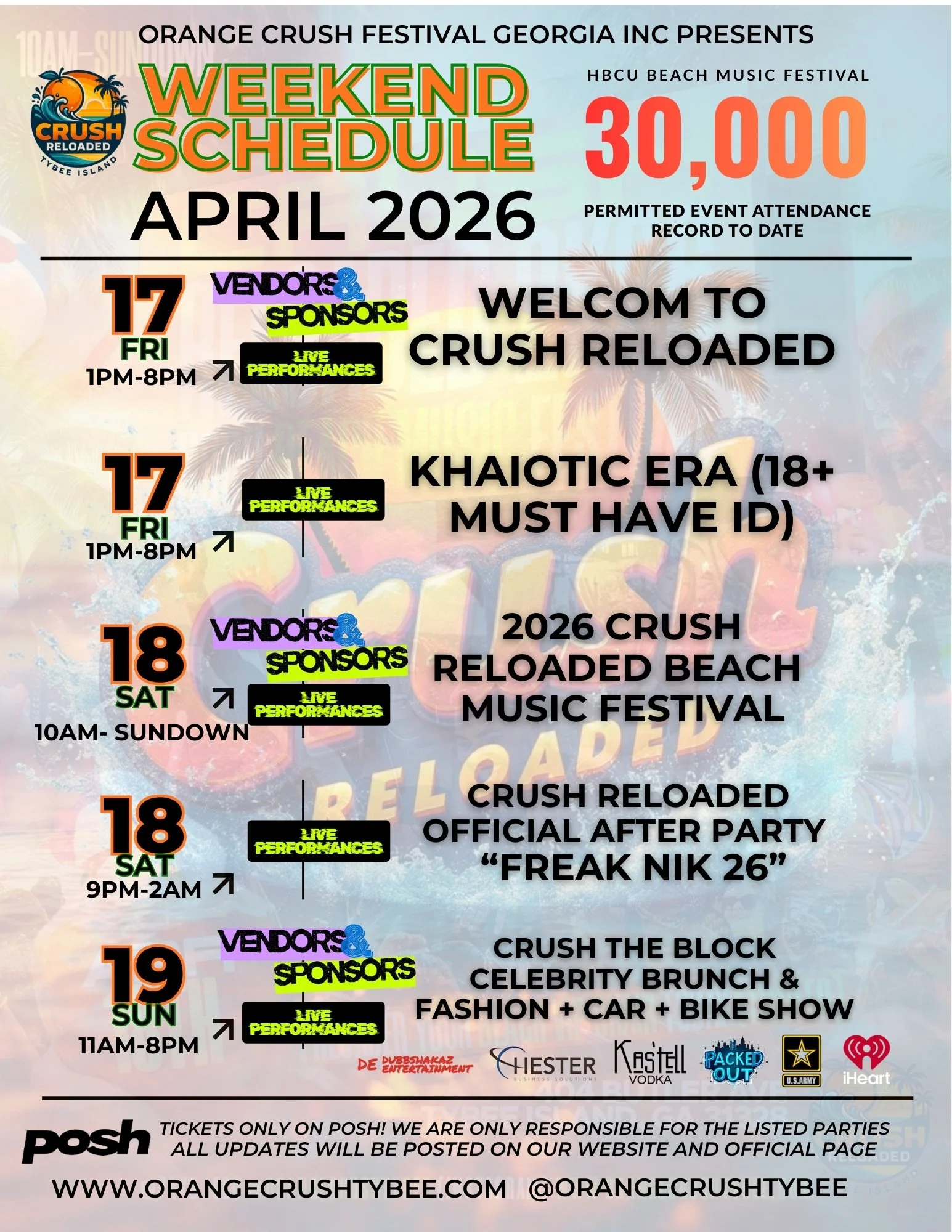 Weekend schedule poster for Orange Crush Festival Georgia April 2026, with events on April 17th, 18th, and 19th including live performances, vendor and sponsor booths, and various music festivals and parties.
