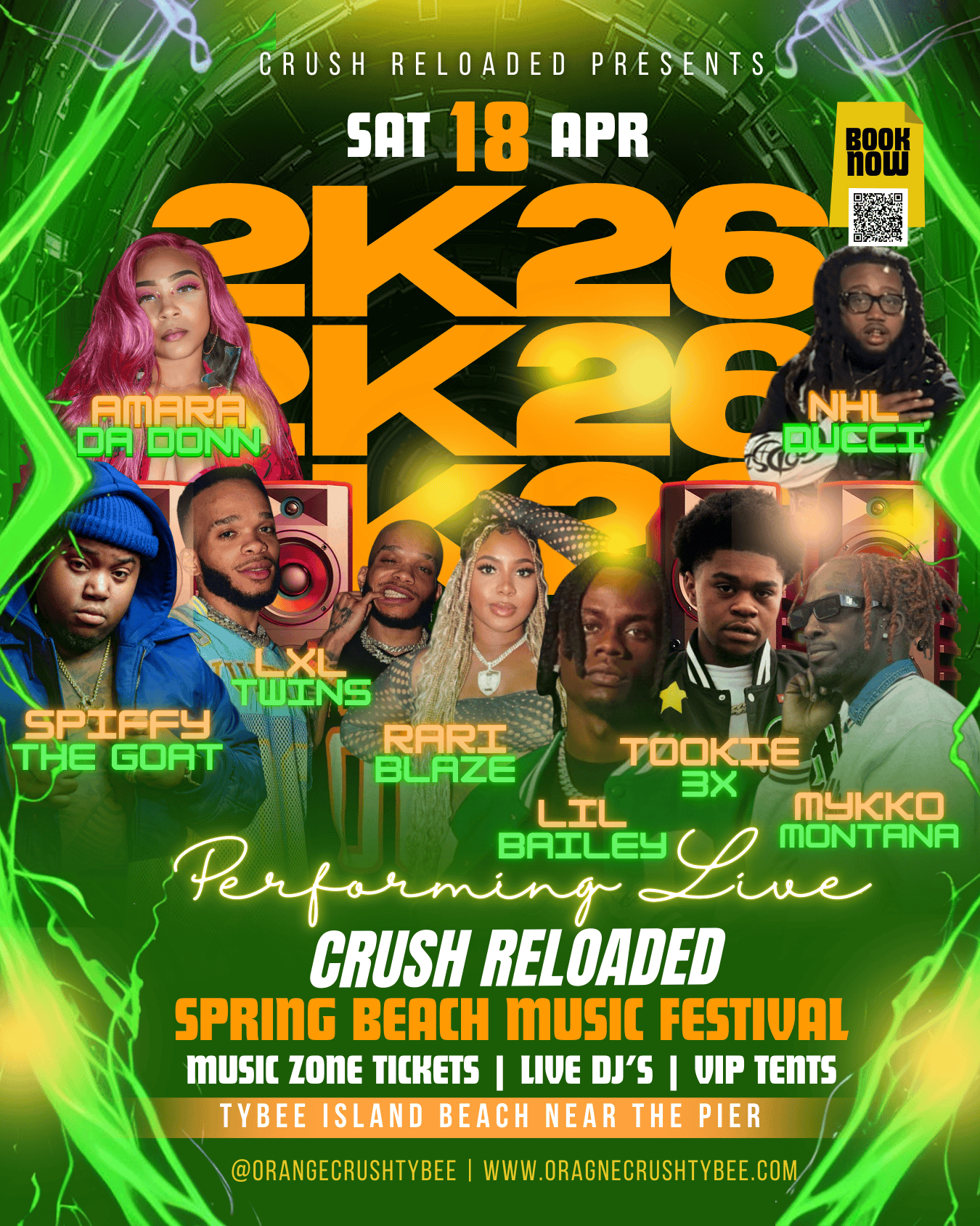Promotional poster for the Spring Beach Music Festival at Tybee Island Beach on April 18. Features images of various musical artists, including Amara Da Don, NHL Ducci, LX Twinz, Rari Blaze, Lil Bailey, Tokie 3X, Mykko Montana, Spify The Goat. Highli