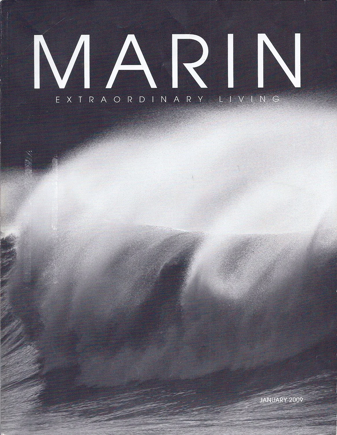 Cover of Marin Magazine, January 2009, featuring wave imagery for the “Roots Remembered” article on a private residence in Ross, CA