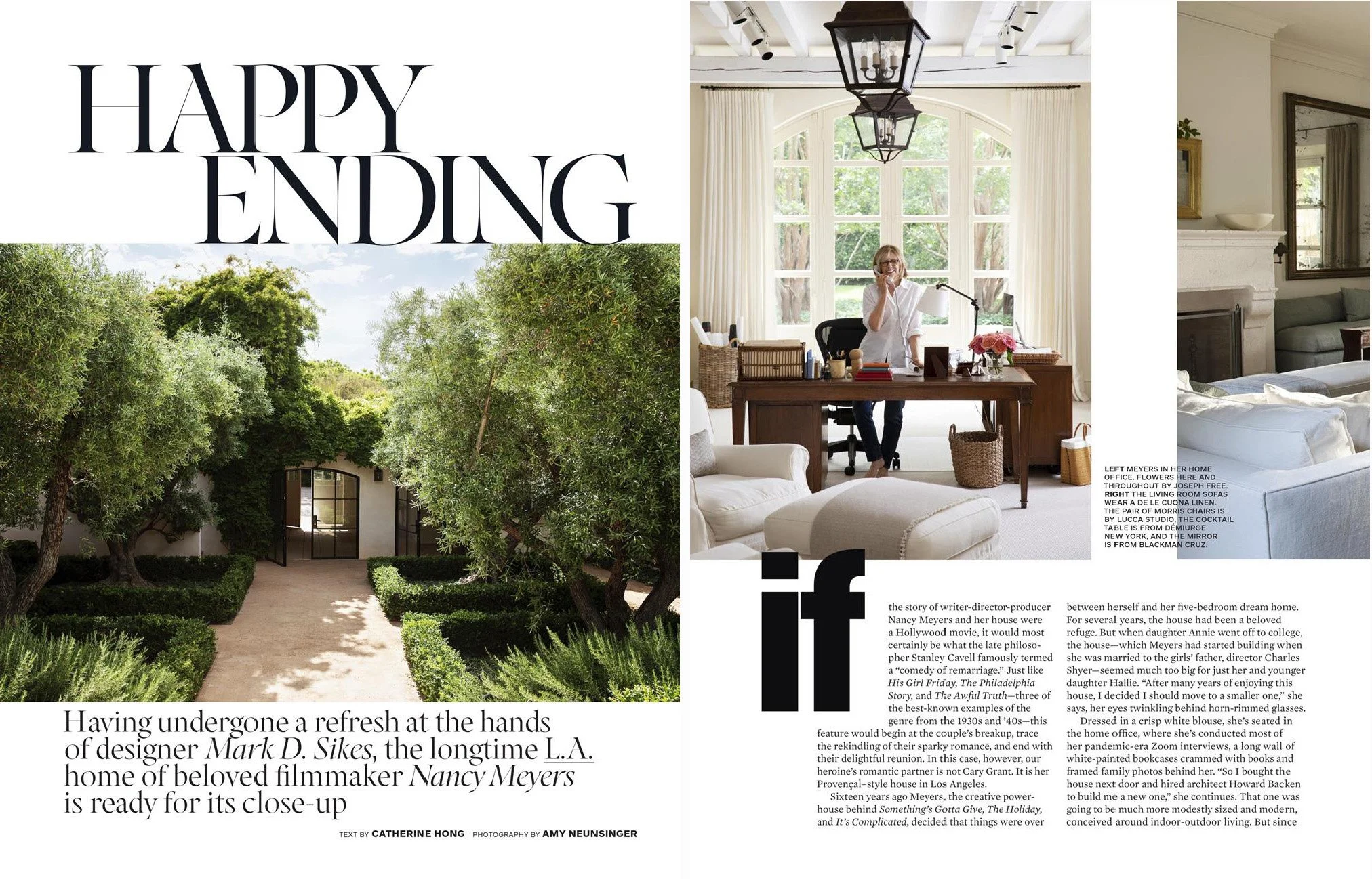 Interior view of Nancy Meyers' home office with arched windows, lantern pendant lighting, and white upholstered furniture; article title “Happy Ending” featured alongside an exterior garden entryway