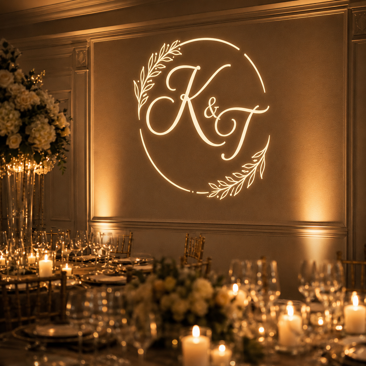 Custom wedding projector monogram projected on a Houston wedding venue wall