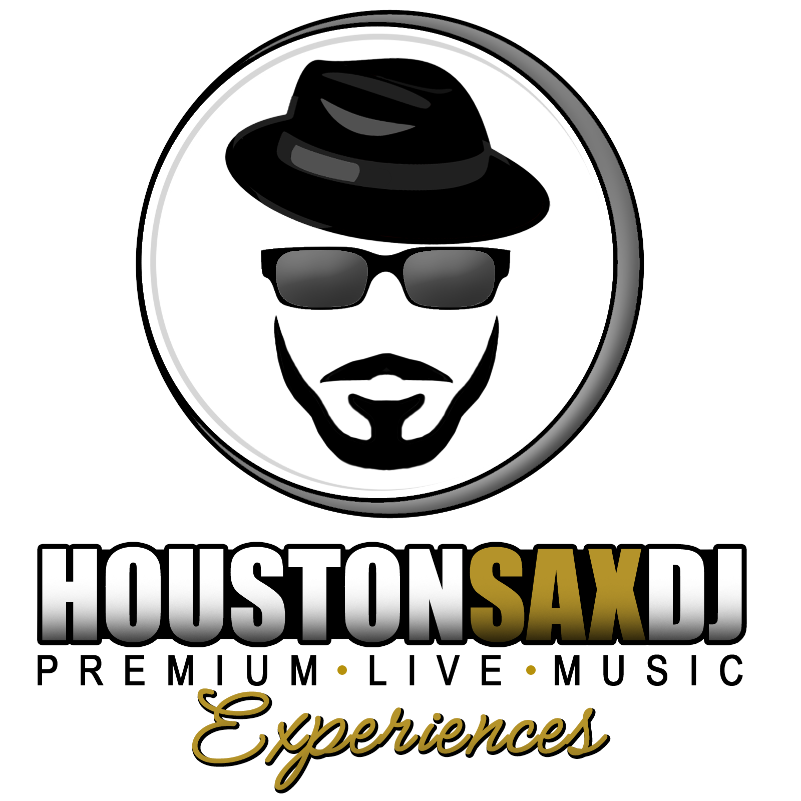 A logo featuring a stylized face with a hat and sunglasses, with the text 'HOUSTON SAX DJ Experiences'.