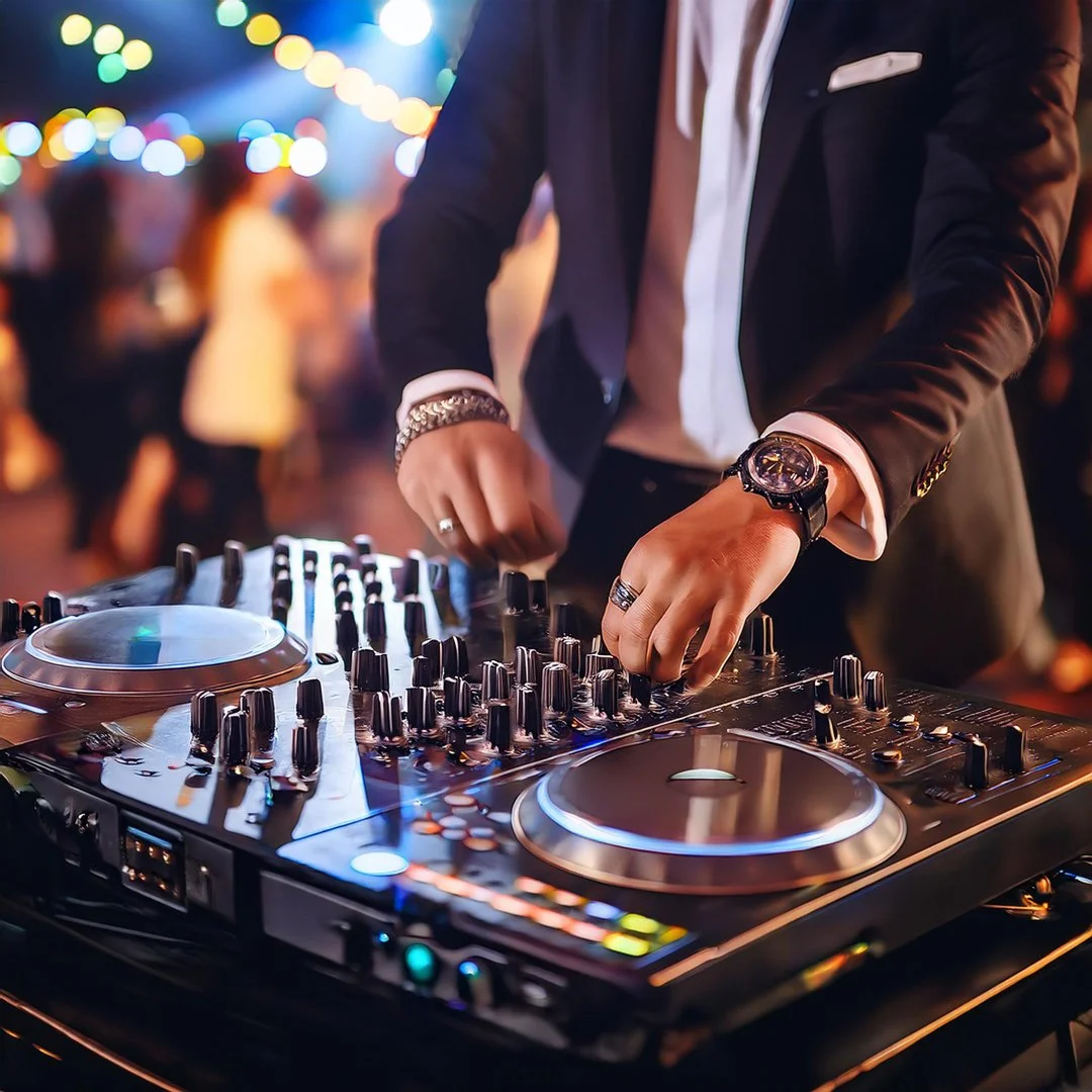 DJ mixing music behind professional decks at a wedding reception