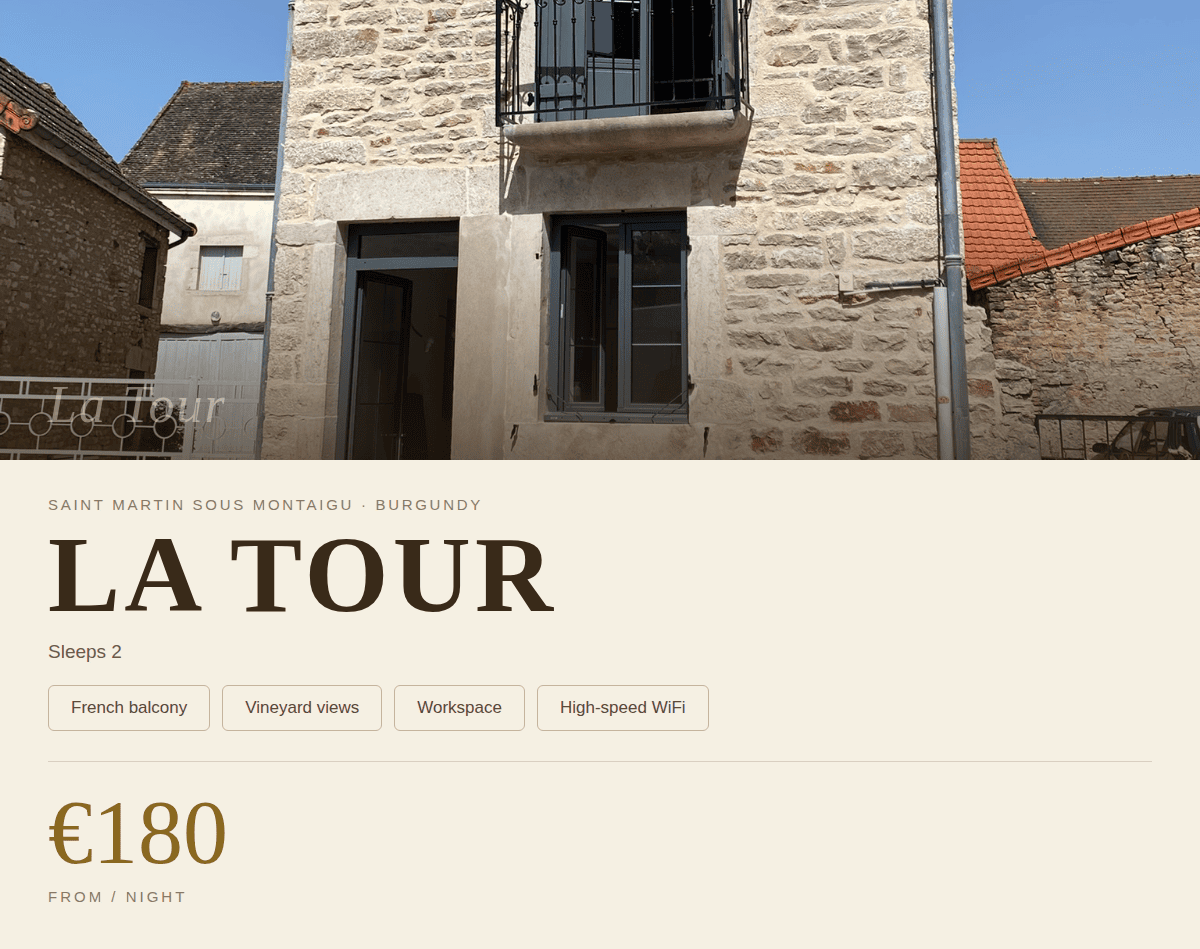 La Tour gîte exterior, sleeps 2, Saint Martin Sous Montaigu, Burgundy
