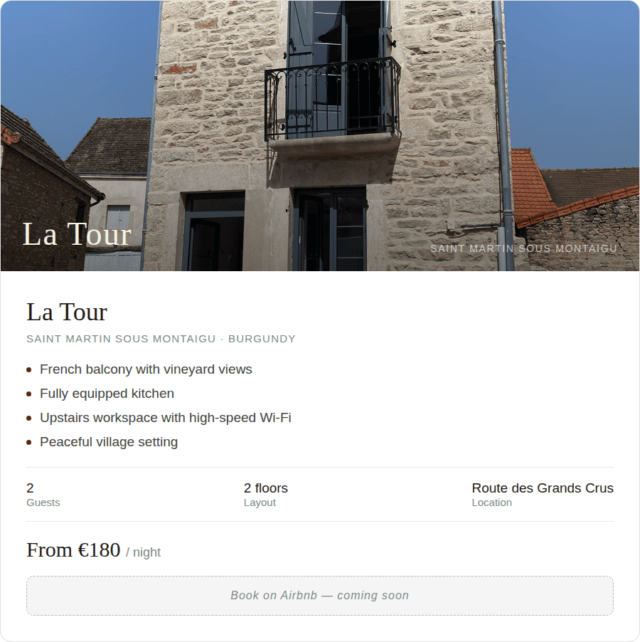 La Tour holiday gîte exterior, Saint Martin Sous Montaigu, Burgundy