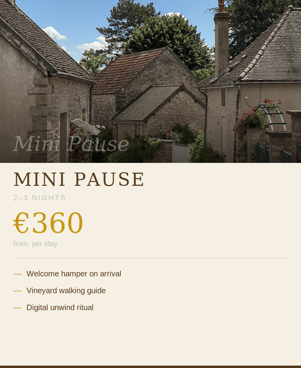 Mini Pause short break stay at Recharge and Reconnect, Burgundy