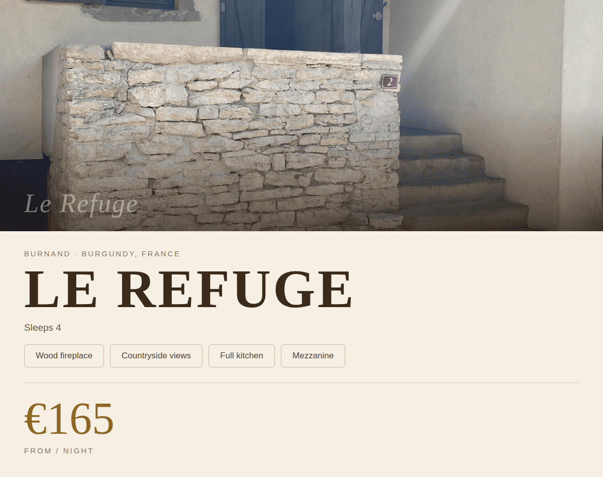 Le Refuge gîte exterior, sleeps 4, Burnand, rural Burgundy