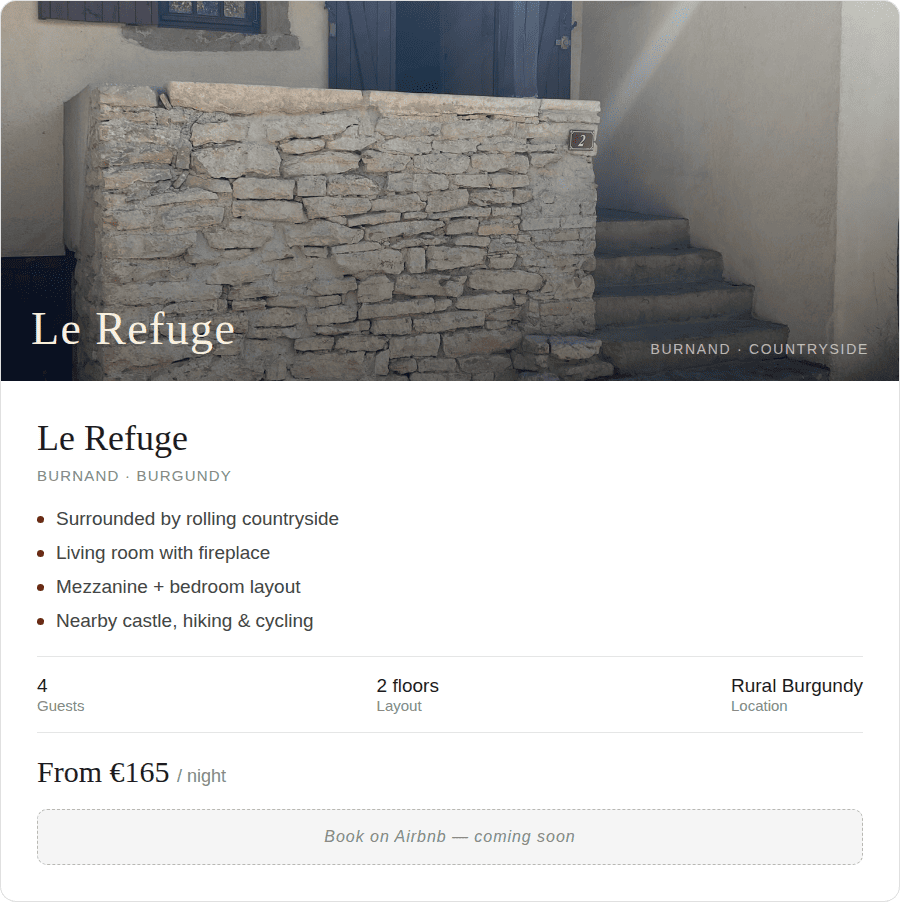 Le Refuge holiday gîte exterior, Burnand, rural Burgundy