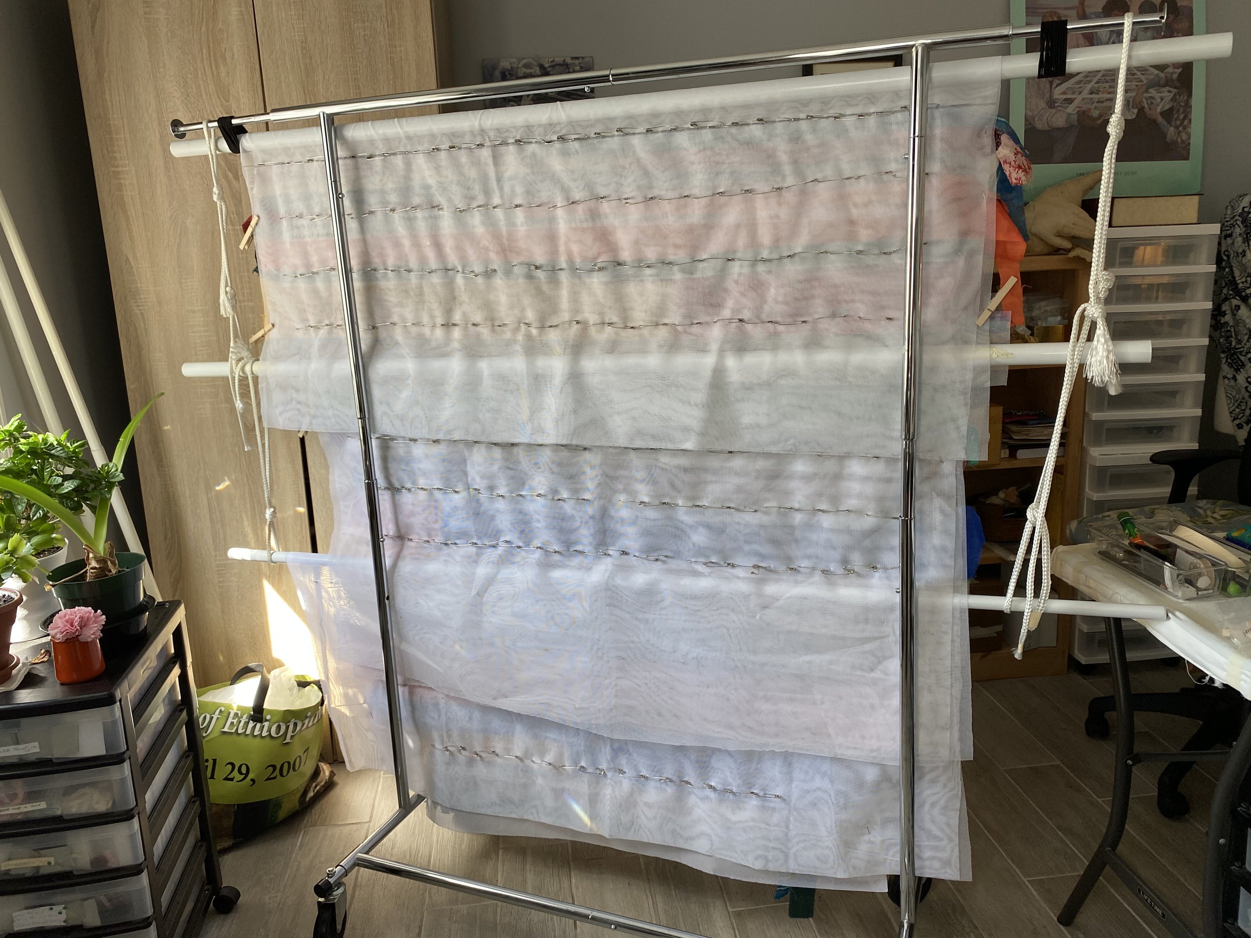 Back showing stitching to elver netting and safety pins. Duct tape added later.