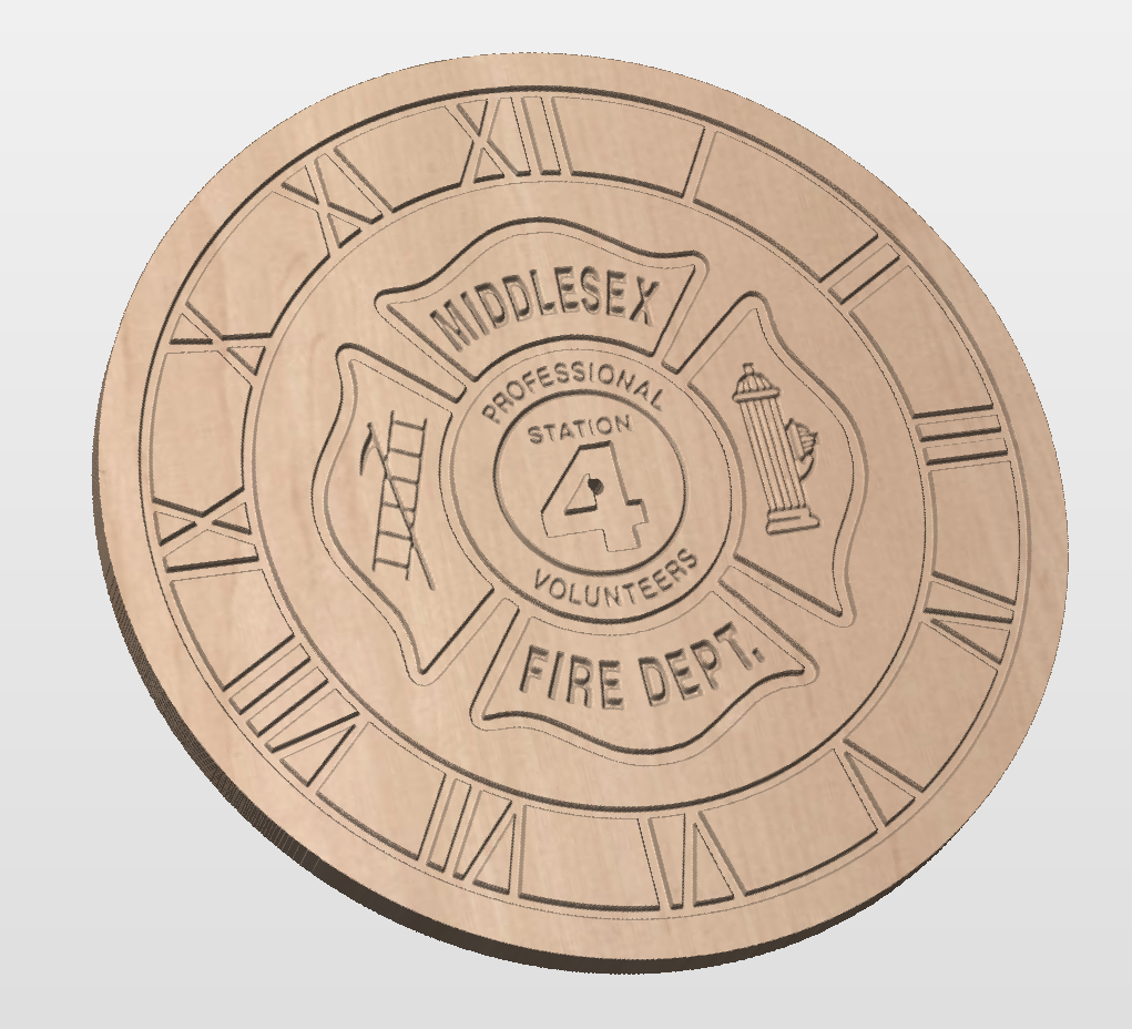 Wooden plaque featuring a firefighter emblem with a central shield, the words 'Middlesex Fire Dept.', a fire hydrant, and a fire ladder, surrounded by Roman numerals.