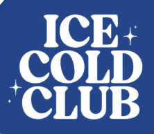 Logo with white text 'ICE + COLD CLUB' on a blue background, featuring small star-like accents.