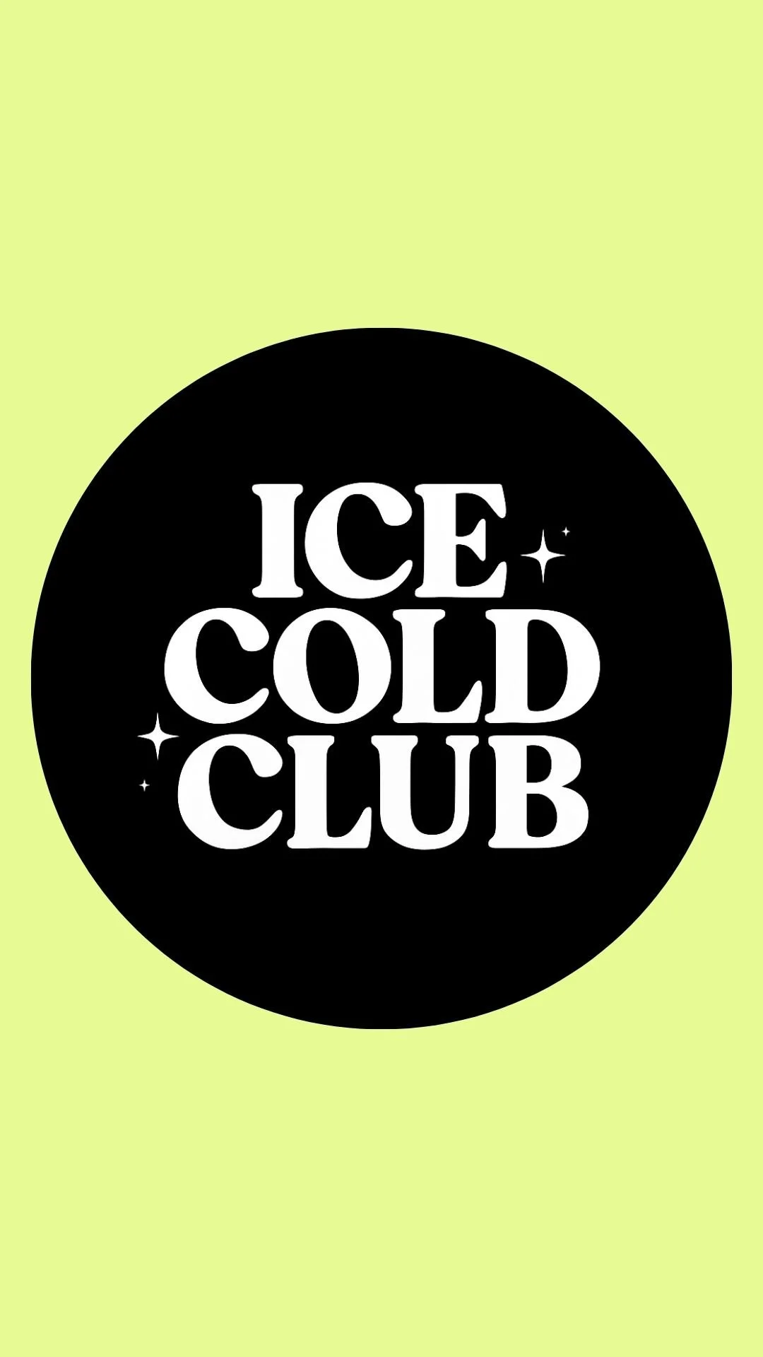 Logo with white text 'ICE + COLD CLUB' on a blue background, featuring small star-like accents.