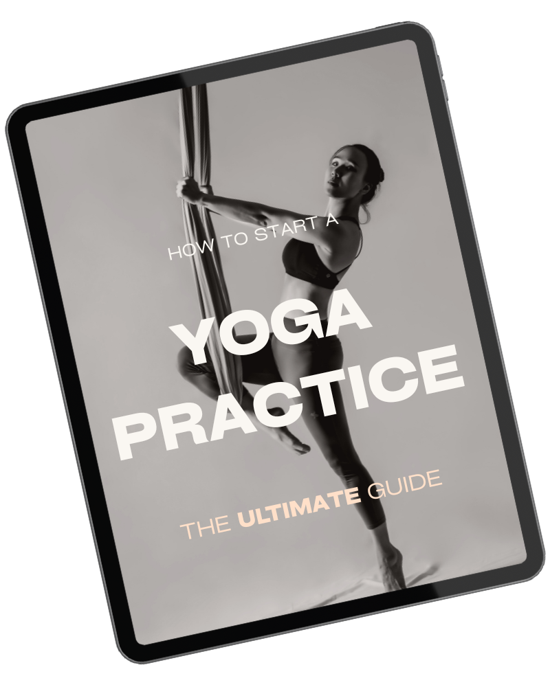 A black and white digital cover featuring a woman performing aerial yoga on a fabric hammock, with text reading 'How to Start a Yoga Practice: The Ultimate Guide'