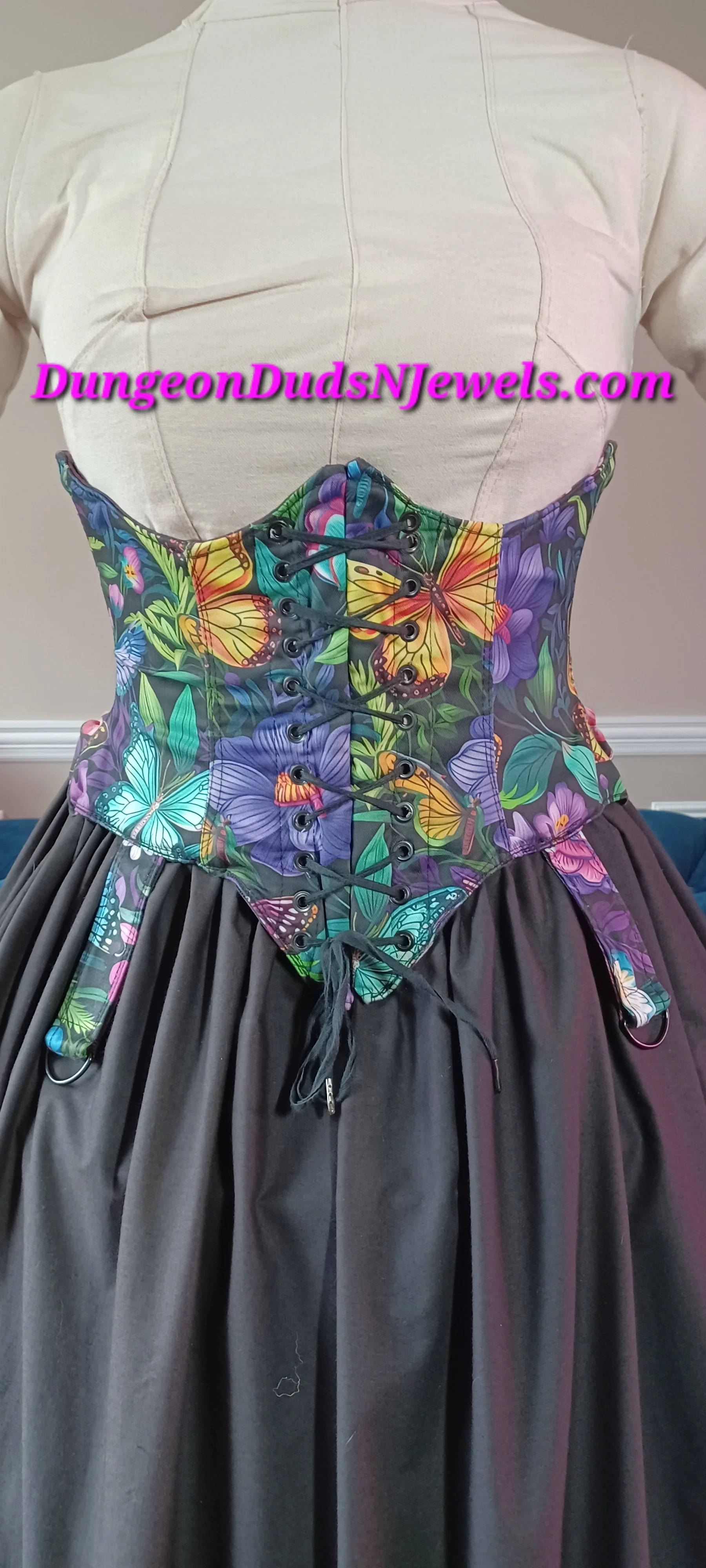 Ship Ready Rainbow Floral/Fuchsia Floral Cotton Front Lace/Back Lace Underbust Corset W/Skirt Hikes Waist 32"-34"