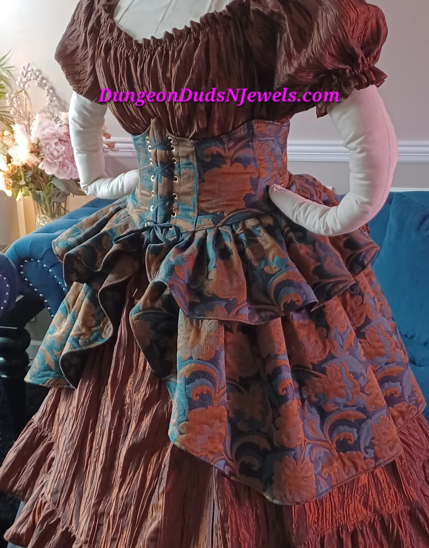 Ship Ready Gold/Brown Dark Teal/Light Teal Jacquard Underbust W/Attached Double Peplum Skirt Waist 32"