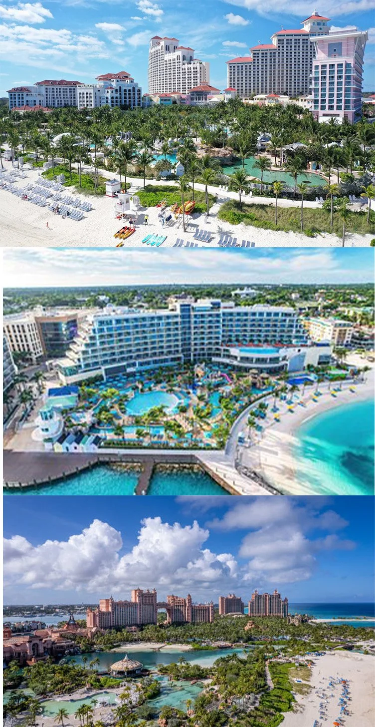 Three aerial views of beach resorts with hotels, pools, and beaches under a blue sky.