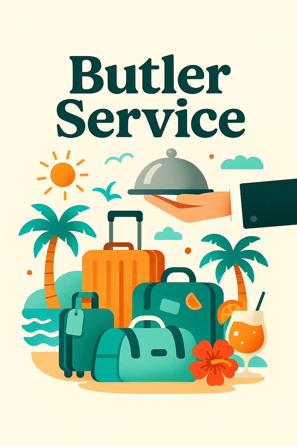 Illustration of a travel scene with luggage, palm trees, a sun, a tropical drink, and a serving tray with a cloche, representing a vacation or travel service.