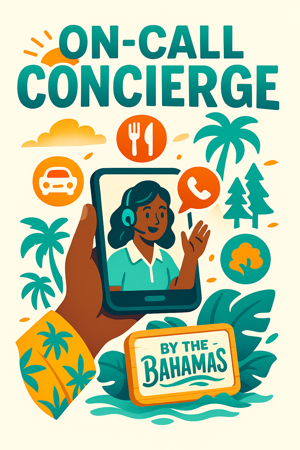 Hand holding a smartphone with a woman wearing a headset on the screen, surrounded by icons of a car, a fork and knife, a speech bubble with a phone, trees, and clouds, with the text "On-Call Concierge by the Bahamas" and tropical elements.