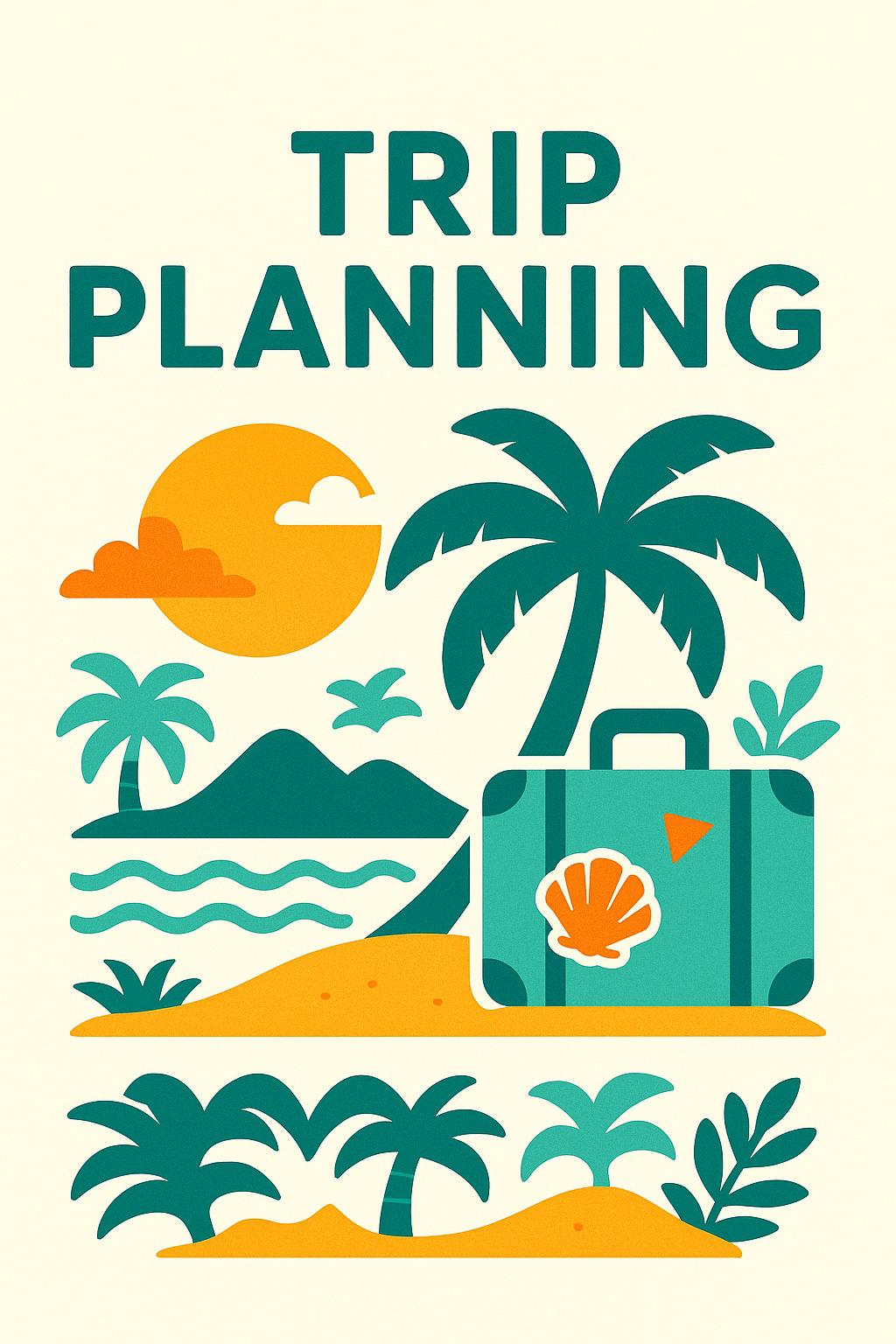 A travel-themed illustration with the words 'Trip Planning' at the top, depicting a tropical scene with a setting sun, palm trees, a mountain, water, and a suitcase decorated with a shell and a small flag.