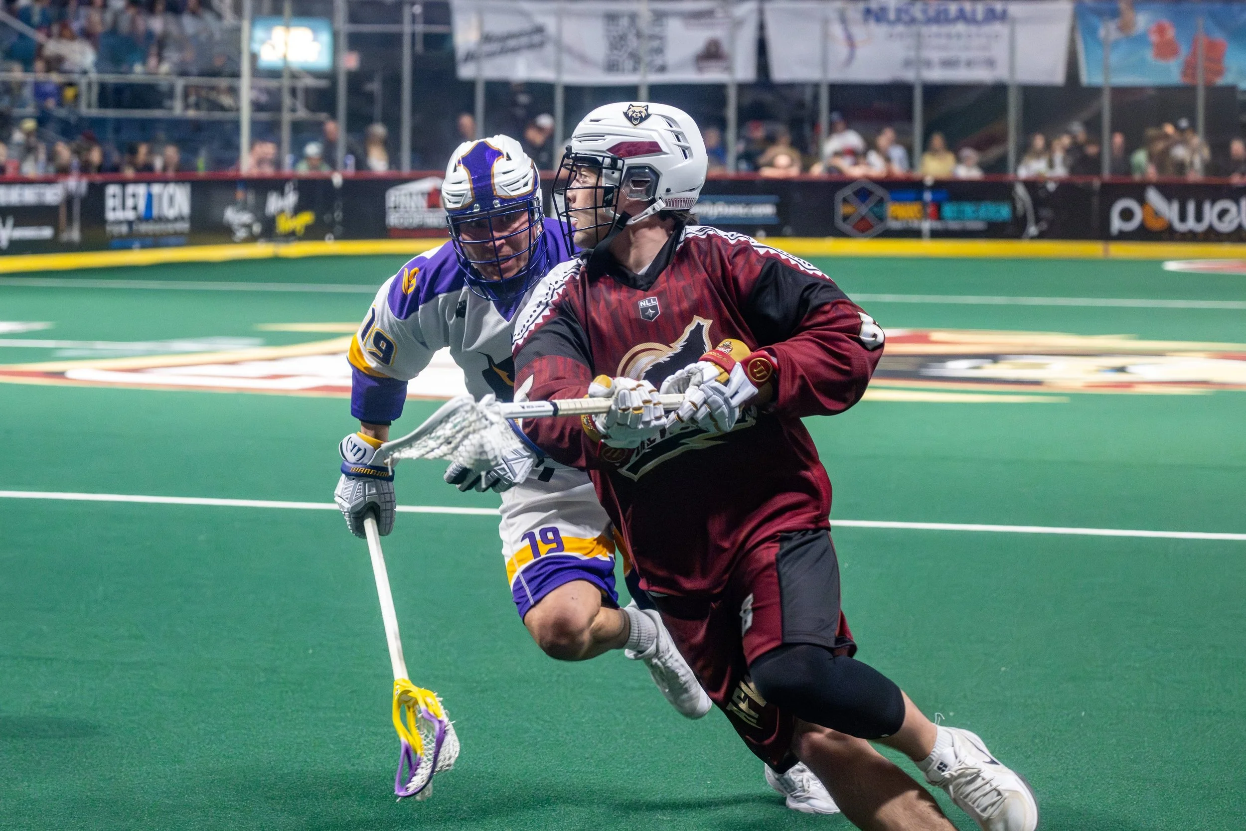 Two lacrosse players racing on a green field, one in a red and black uniform with a helmet, and the other in a white, purple, and yellow uniform with a helmet, with crowd and advertisements in the background.