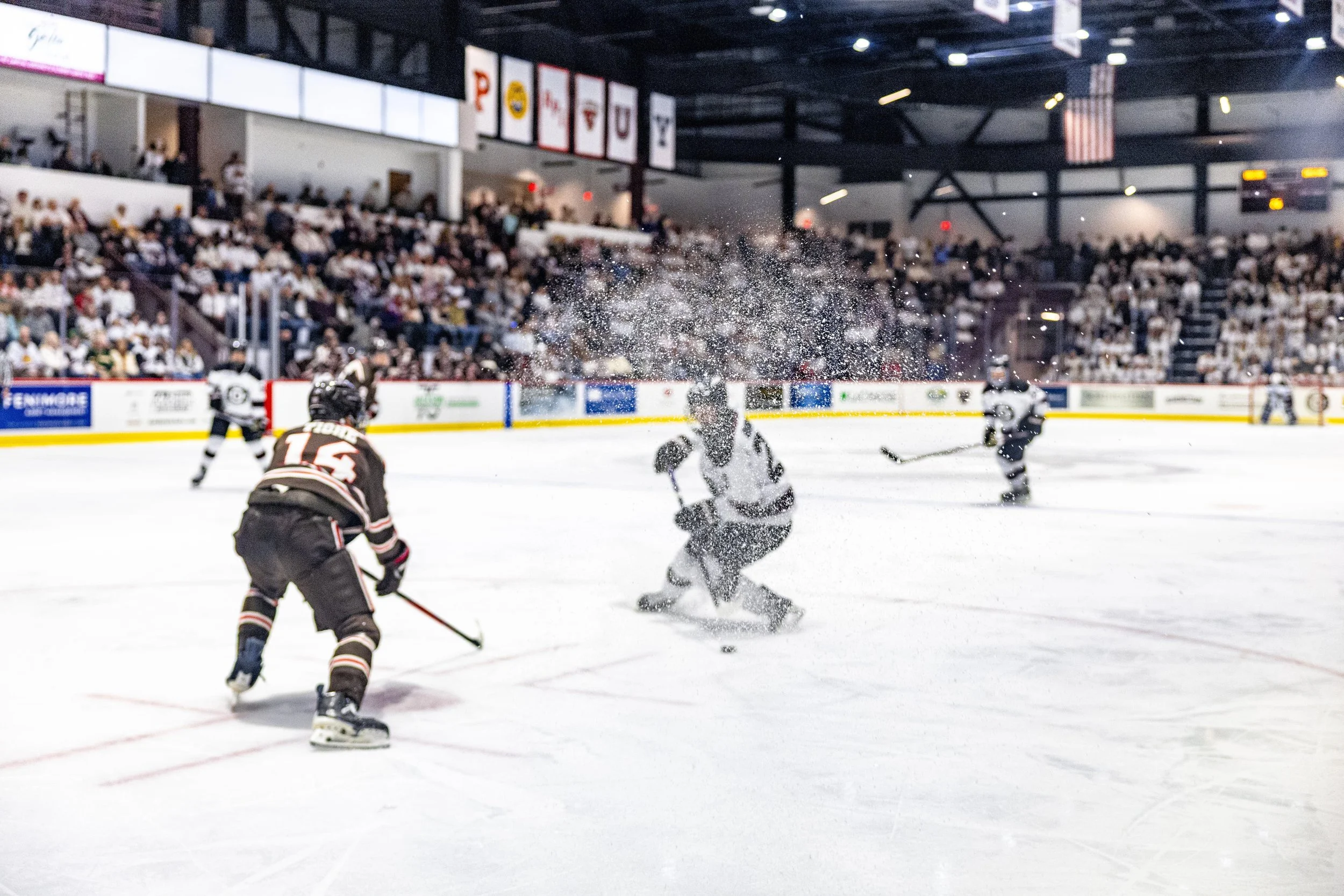 Ice hockey game with players on the ice and an audience in the stands, featuring one player in a white jersey and another in a dark jersey with number 14, with snow spray in the air from the game.