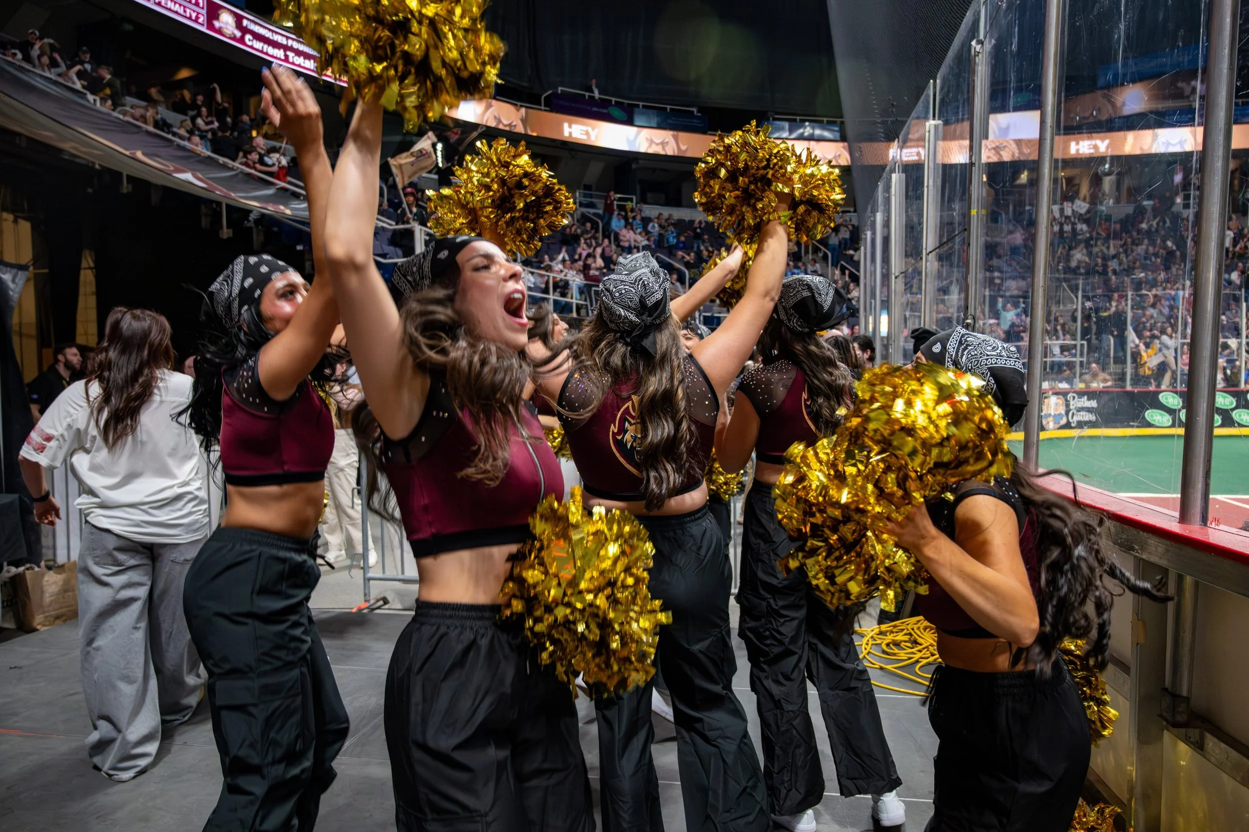Cheerleaders with gold pom-poms cheering at a sports event.